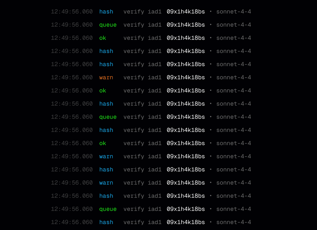 A dark mode terminal interface displaying a running log of system events.
