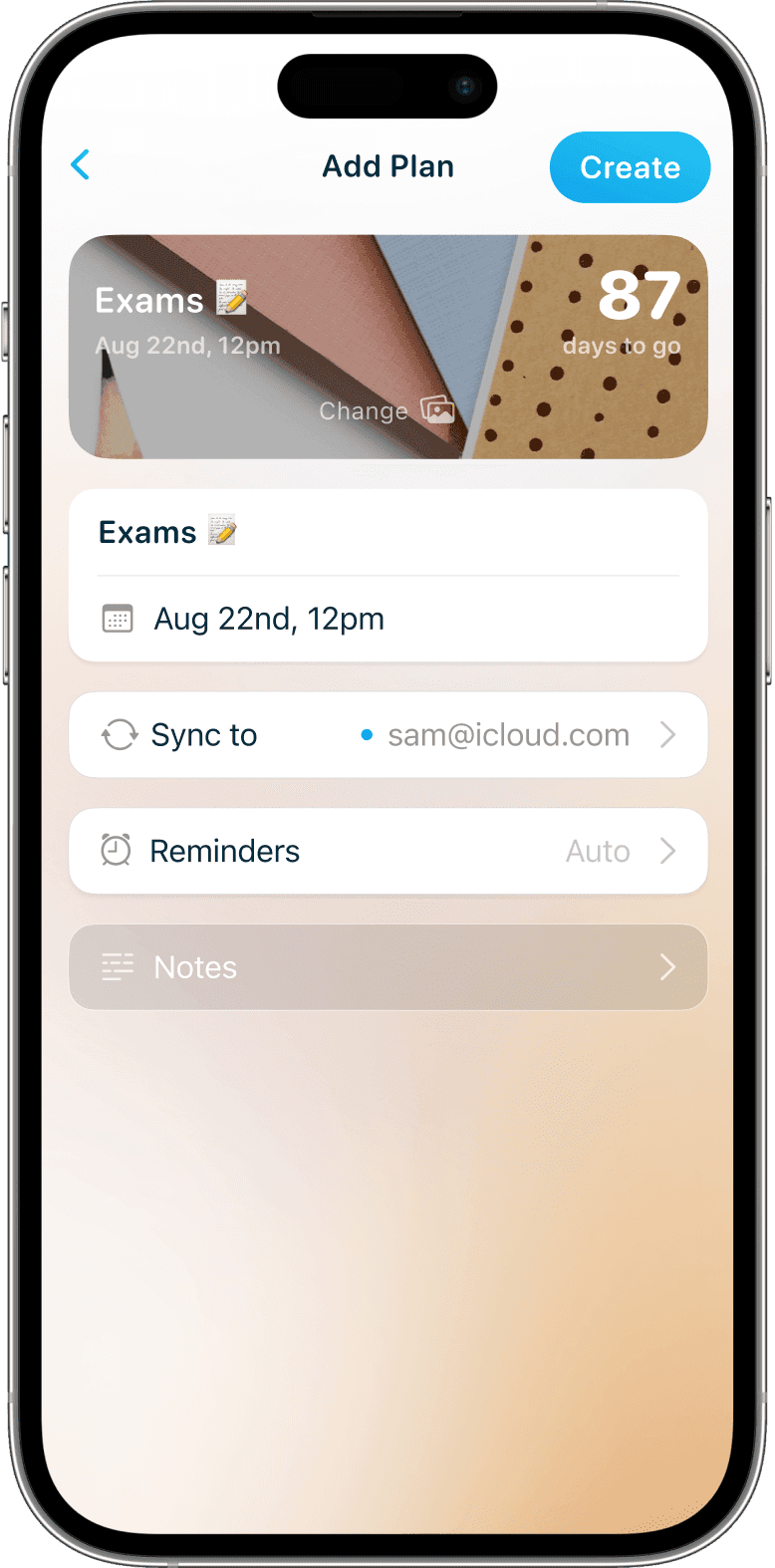 iPhone showing a create screen for a Exam countdown