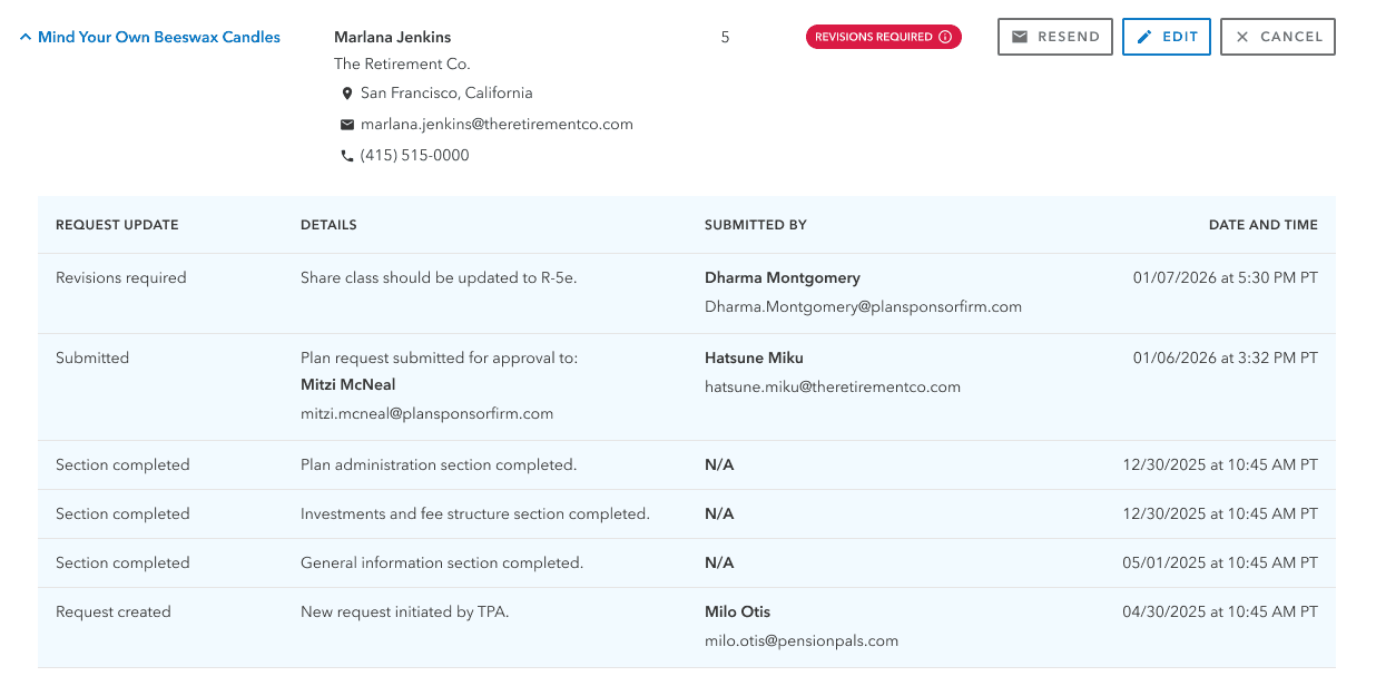 Expanded content from dashboard diaplaying plan submission history