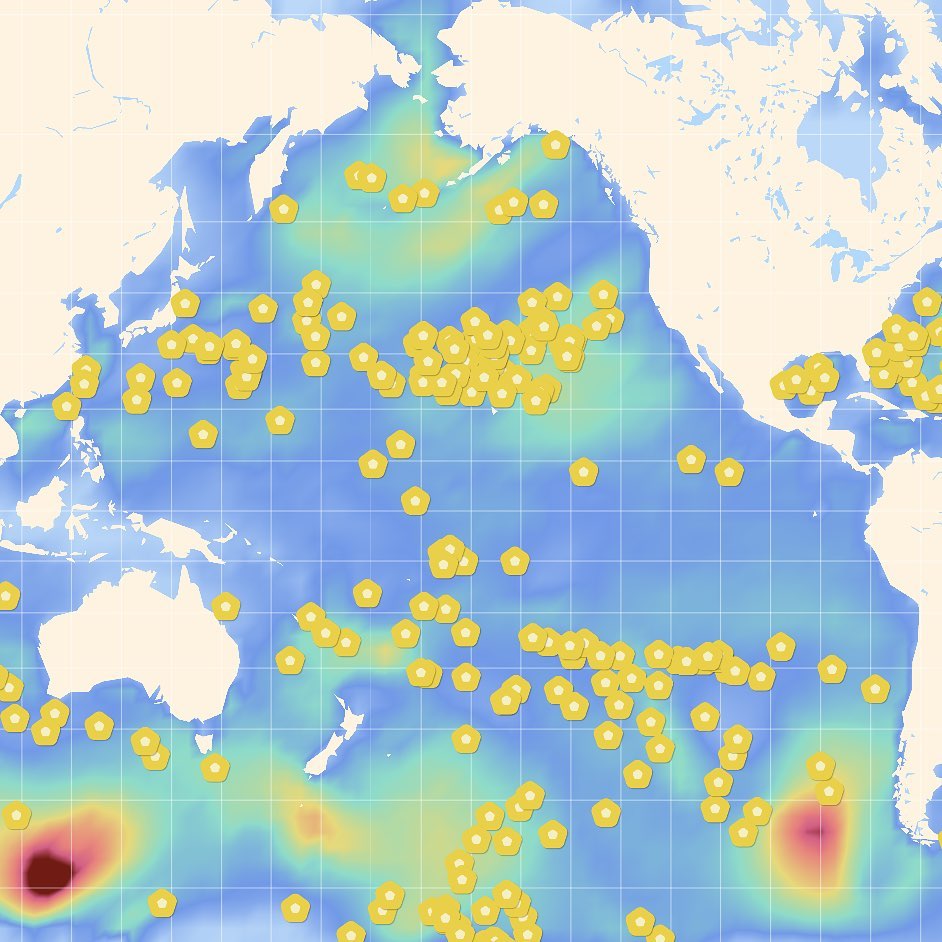 Heat map of Atlantic Pacific covered in yellow dots.