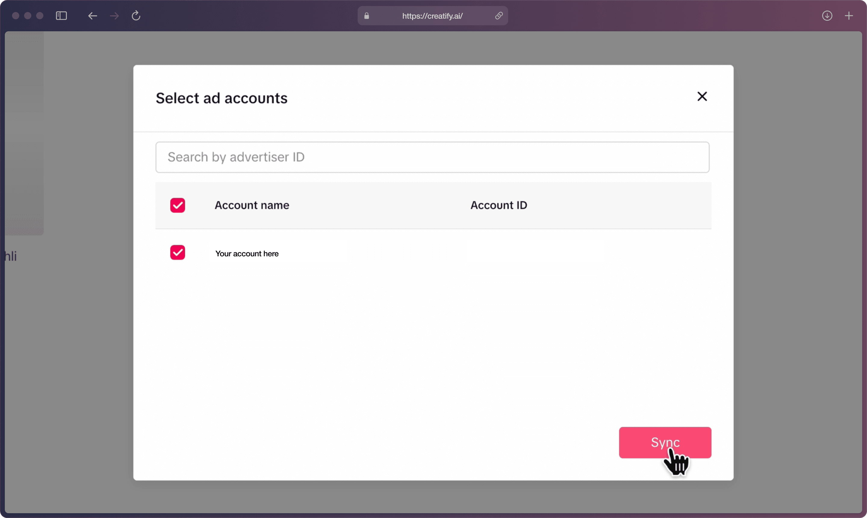 A screenshot of TikTok for Business page on “Select ad accounts” popup with cursor hovering on “Sync”, with the “Account name” selected.