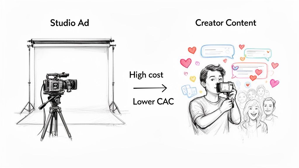 A sketch comparing studio ads (high cost, camera setup) with creator content (lower CAC, phone filming, audience engagement).