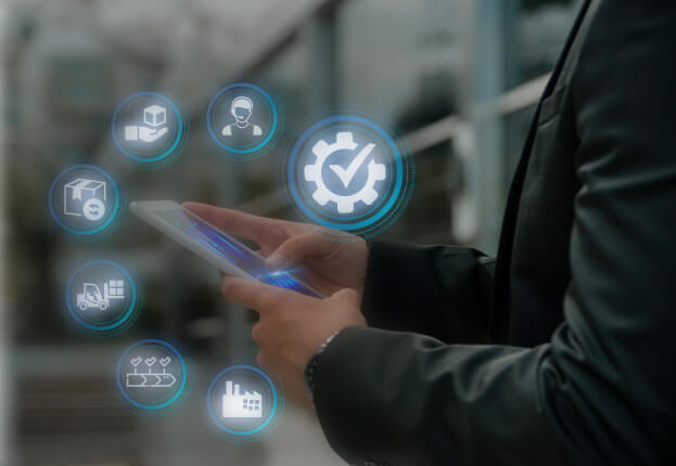 Digital interface with icons, highlighting WooCommerce’s bespoke e-commerce solutions for success.