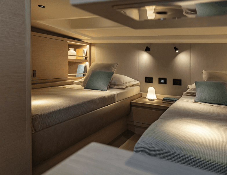 Evening mood scene, warm ambient lighting with soft bedside lamps