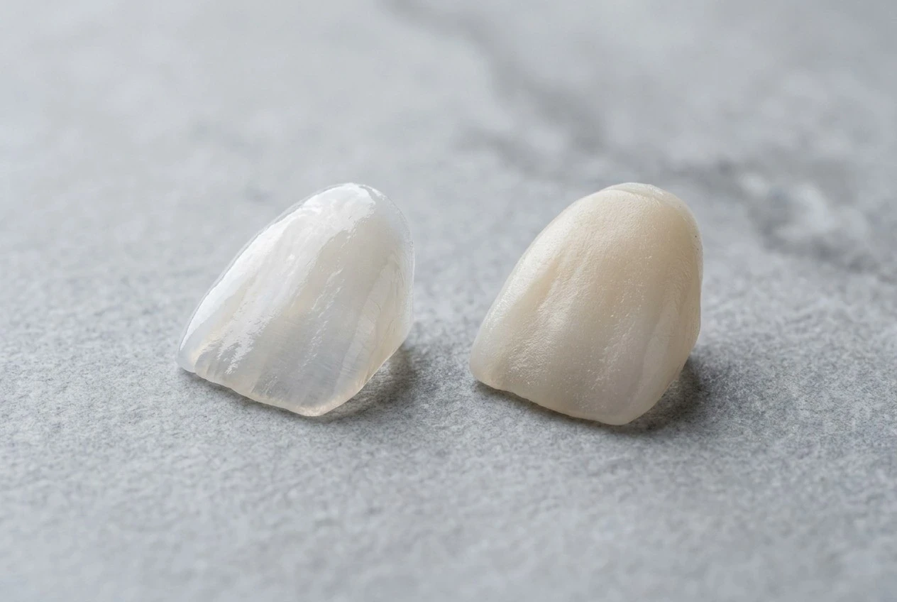 Comparison of ceramic porcelain veneer and composite veneer showing material differences