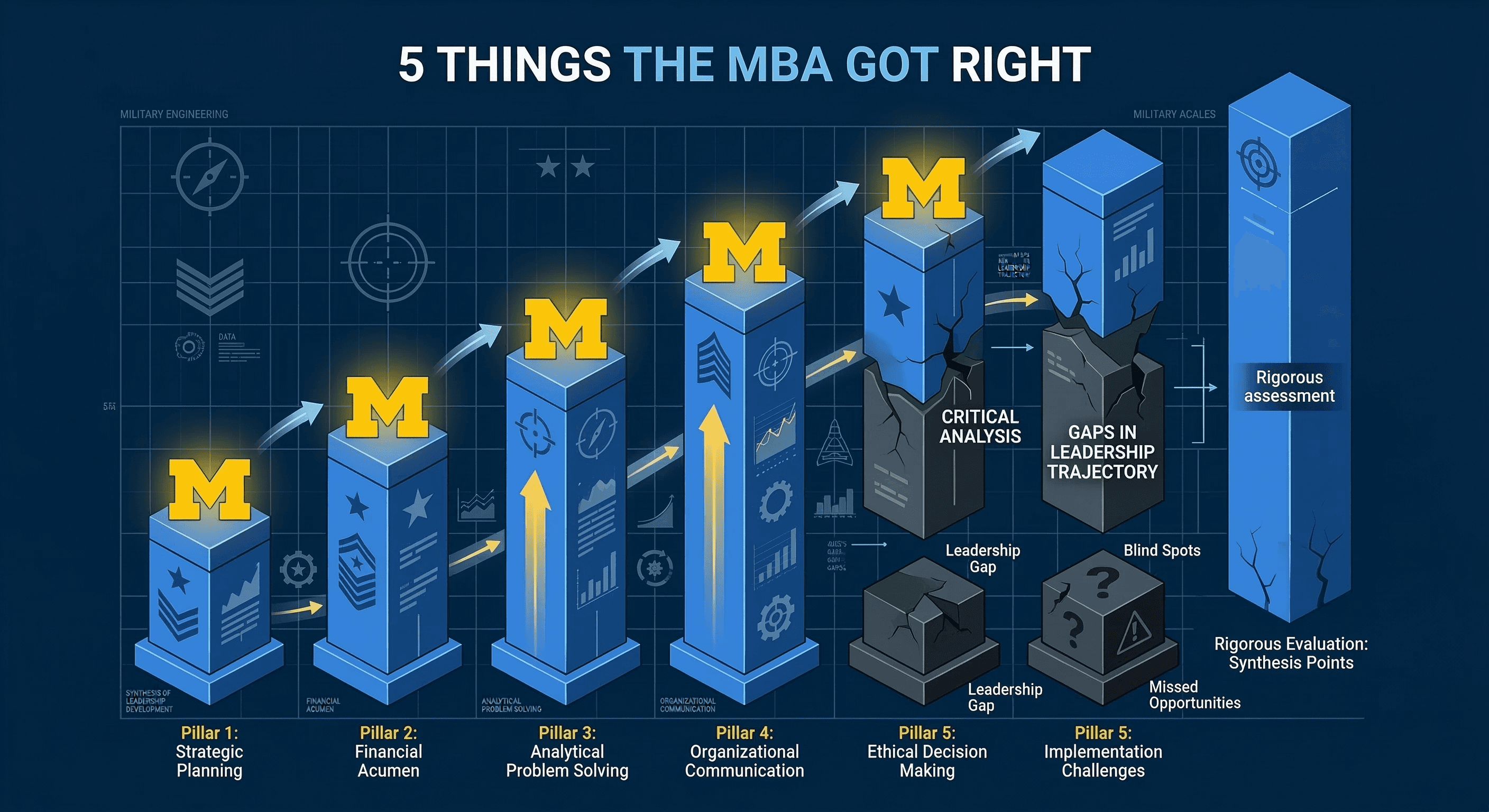 5 Things the MBA Got Right - military to MBA leadership development visualization with strategic blue and Michigan maize branding