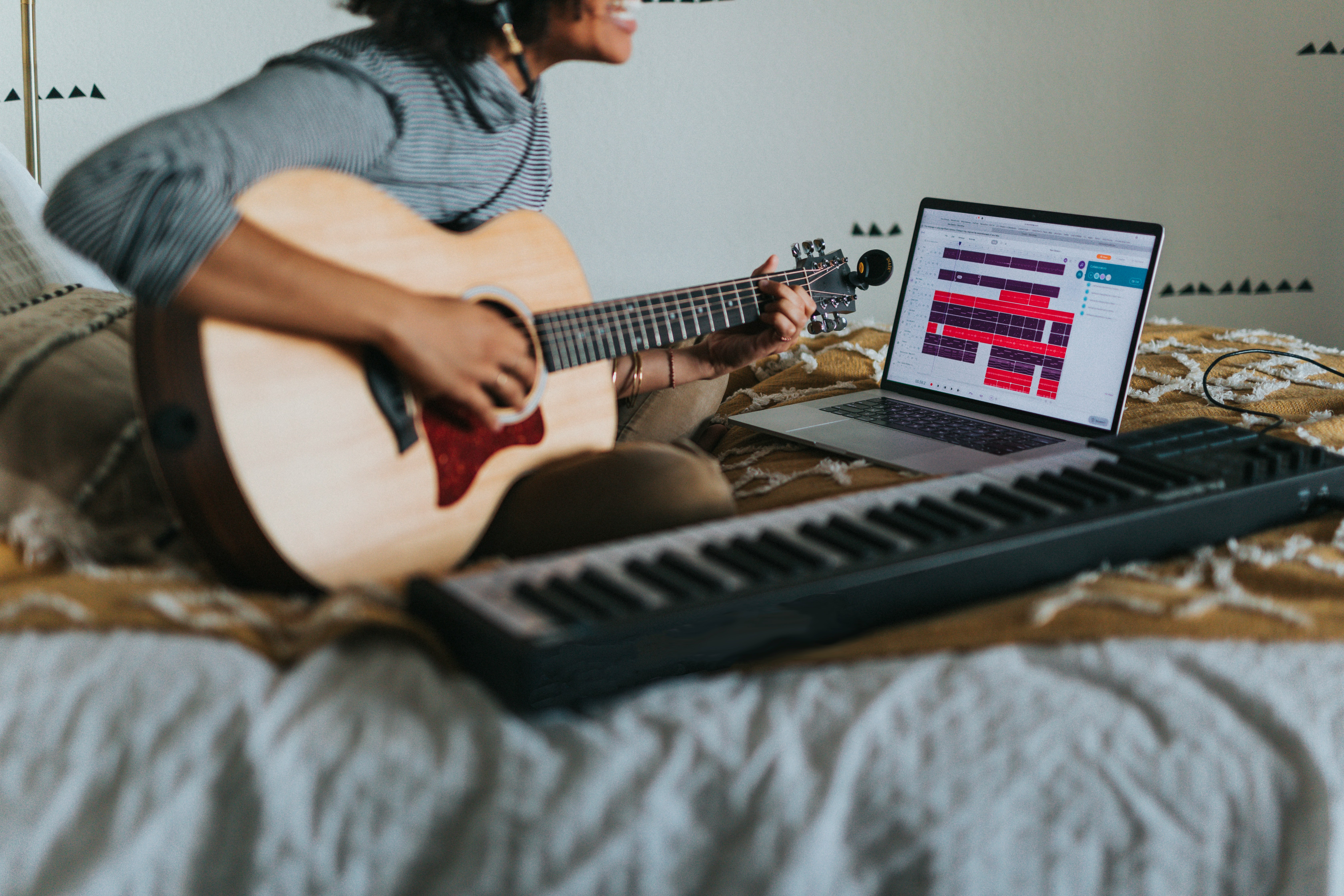 woman on piano and guitar singing with ai singer software
