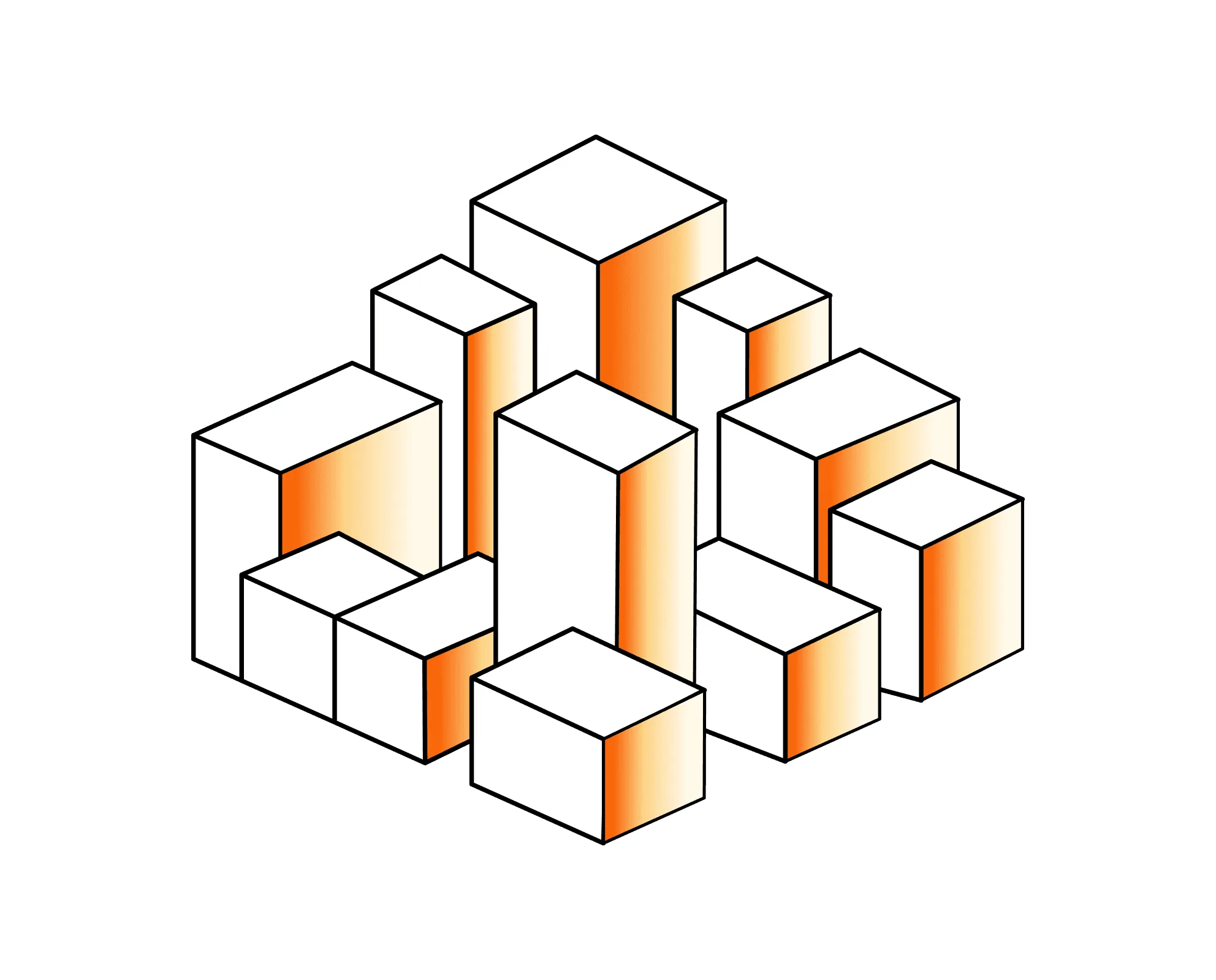 Abstract representation of stacked, illuminated cubes on a gray background.