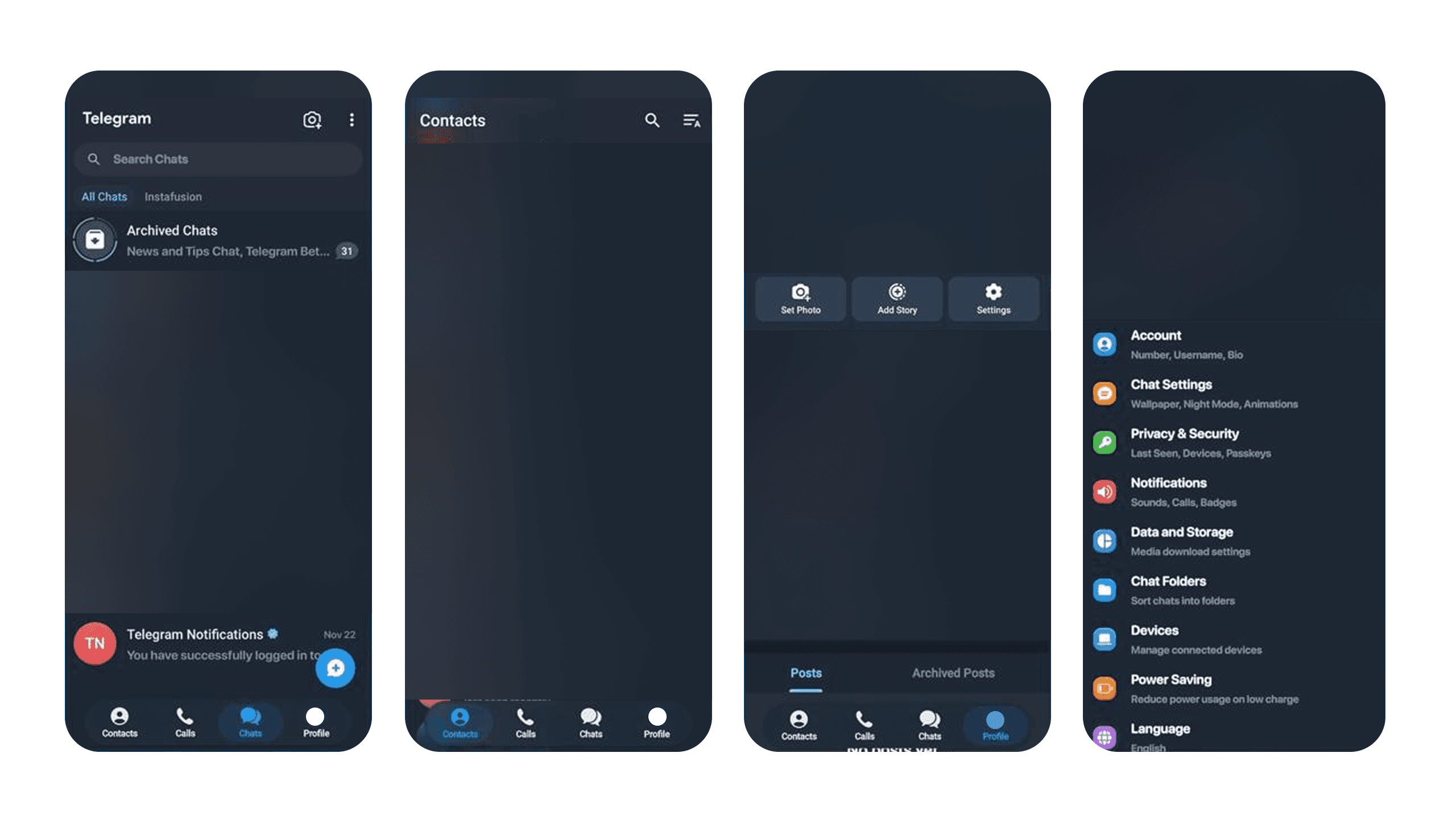 Four side-by-side screenshots of the Telegram Android Beta mobile interface in dark mode. The personal content (chats and lists) is intentionally blurred for privacy. The images highlight the UI design: specifically the top headers, bottom navigation bars, and overlays which feature a semi-transparent, glass-like blur effect similar to iOS styles, deviating from standard solid Material Design backgrounds.
