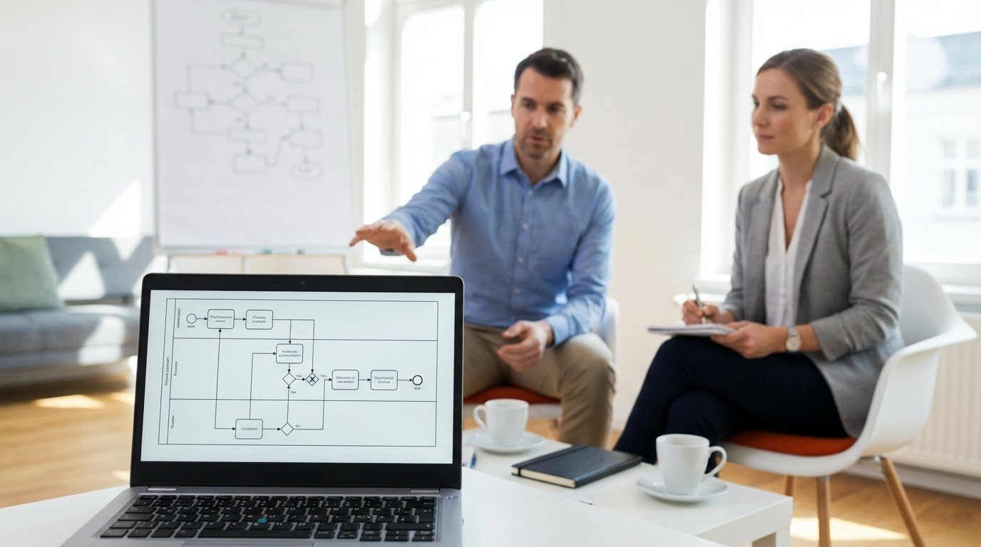 Laptop toont een geautomatiseerd BPMN processchema gegenereerd uit een vergaderopname