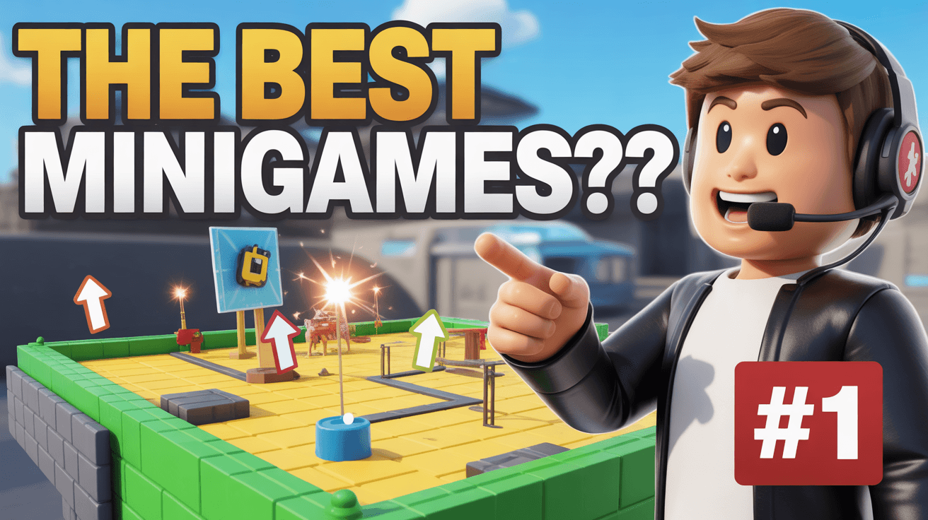 Roblox dev avatar pointing at minigame map with The BEST Minigames text
