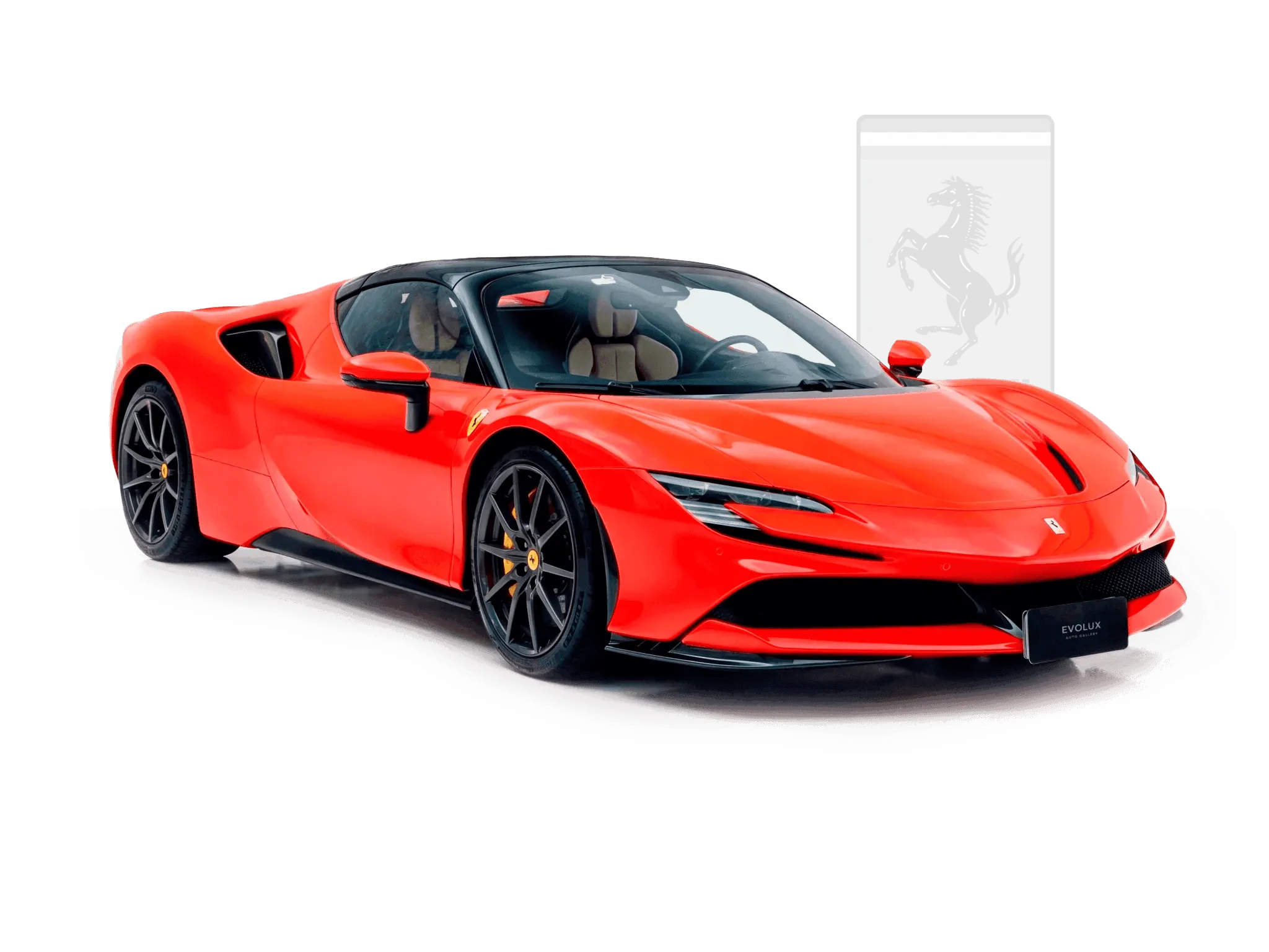 Ferrari SF90 Spider rojo recortado sobre fondo gráfico con logo Ferrari detrás