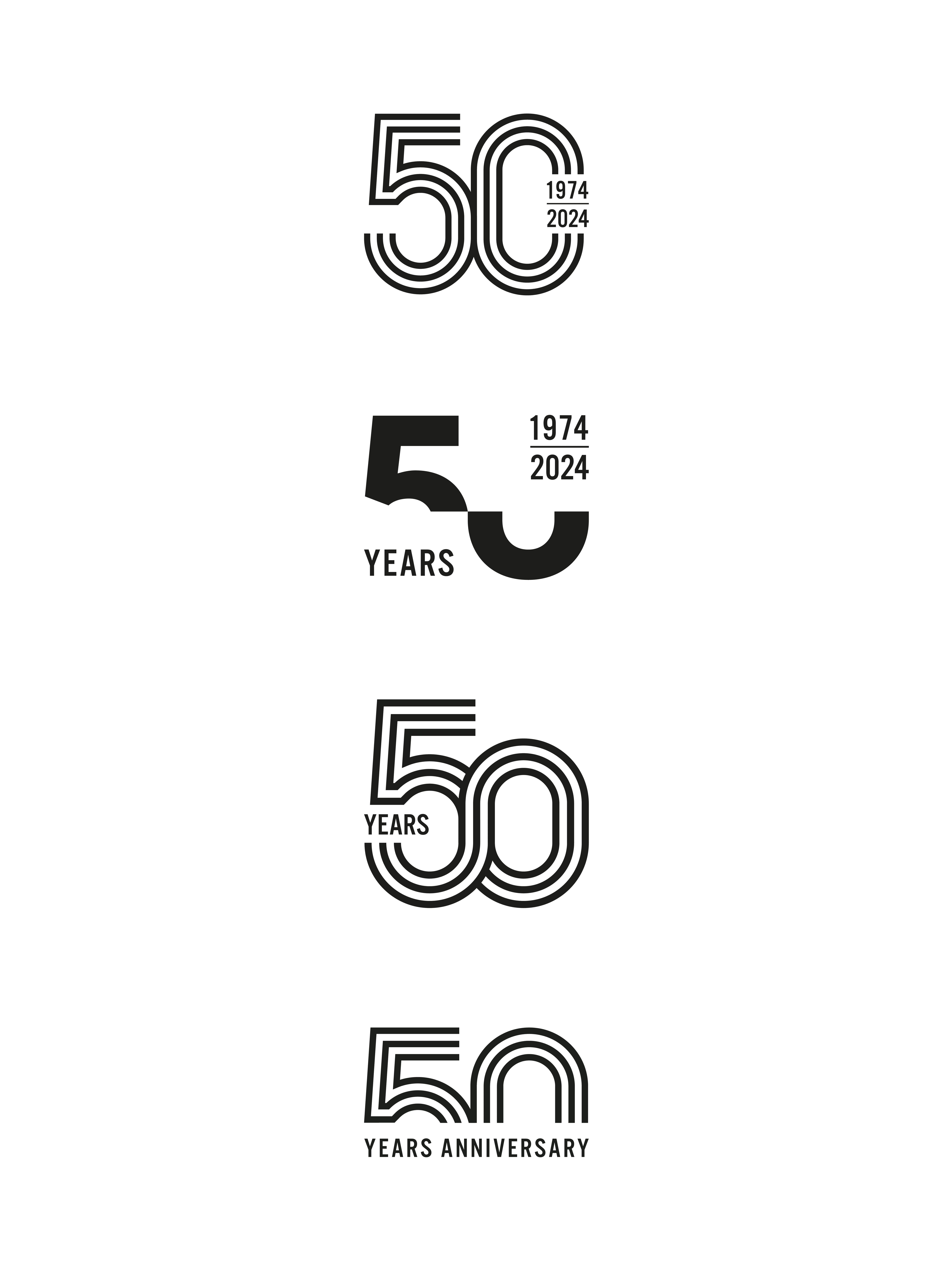 Des propositions alternatives de logo pour les 50 ans, explorant différentes pistes graphiques et typographiques afin de célébrer l’anniversaire tout en restant cohérent avec l’identité de la marque.