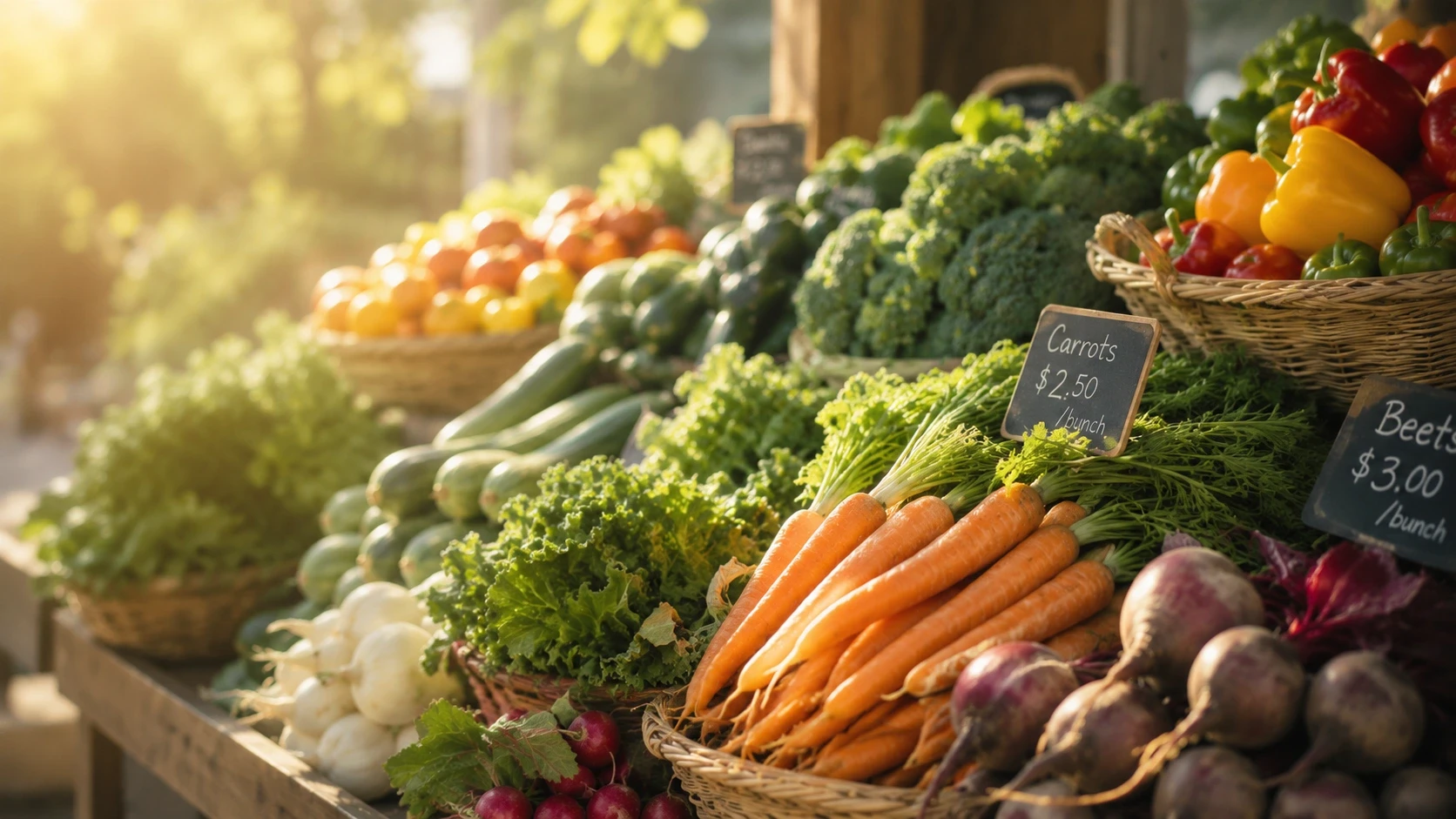 Assorted fresh vegetables displayed in baskets at a market.