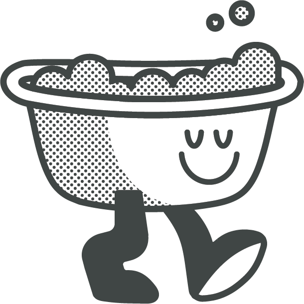 A cartoonish bath with a smiling face, filled with bubbles, walking on two legs towards the right.