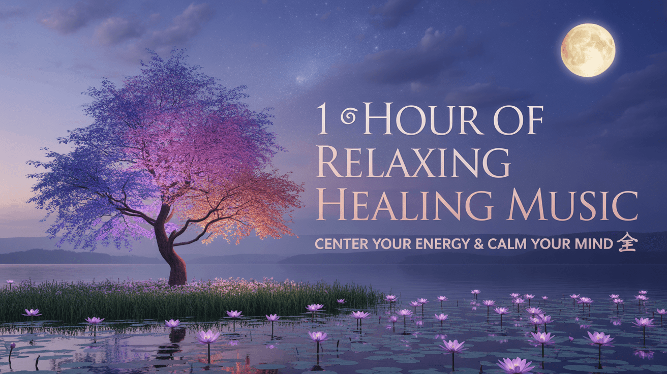 Magical tree beside lake under full moon with relaxing healing music text