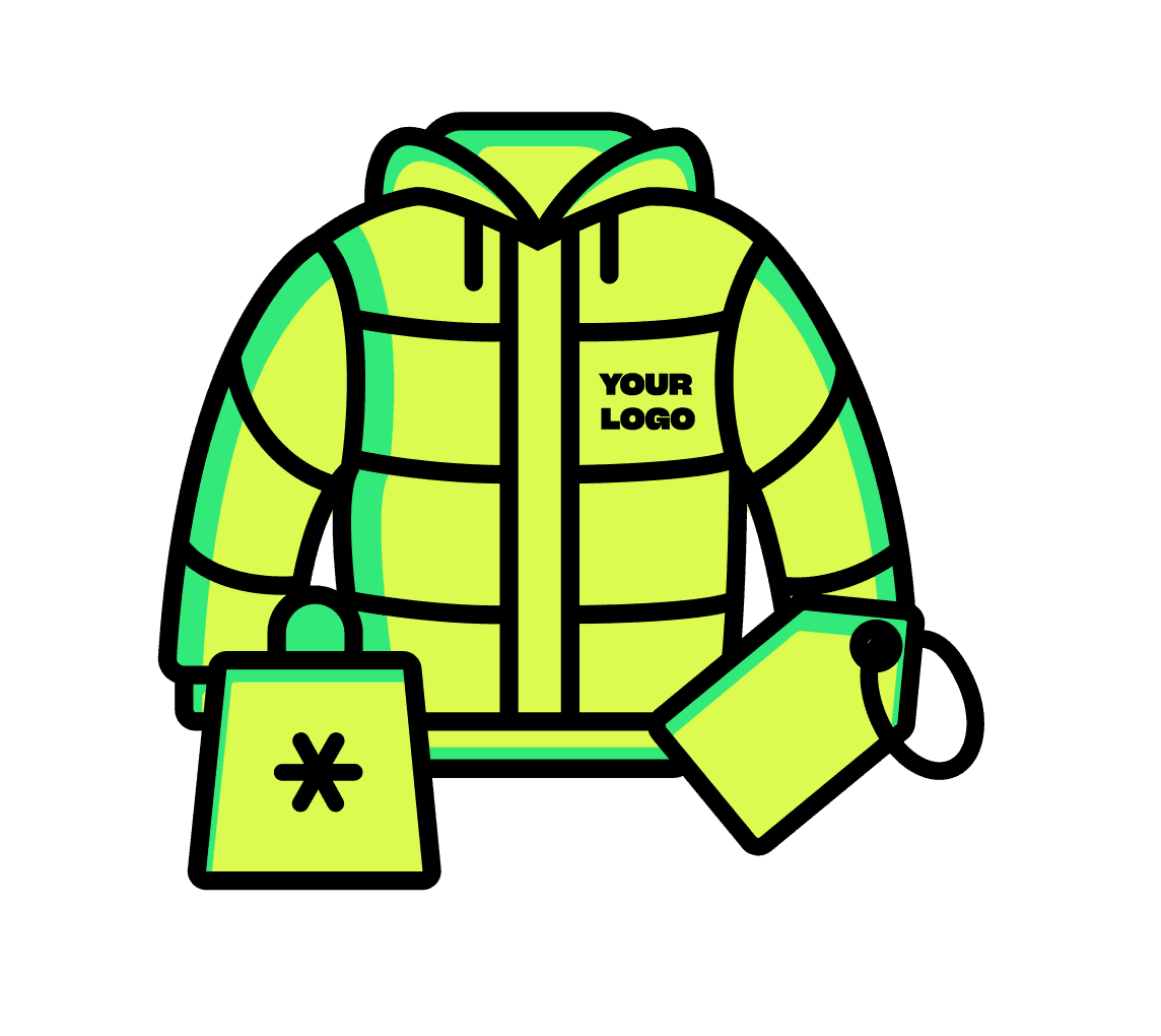 Illustration of a bright green puffer jacket with customizable logo on the chest, accompanied by a shopping bag and a price tag, emphasizing fashion and retail themes.