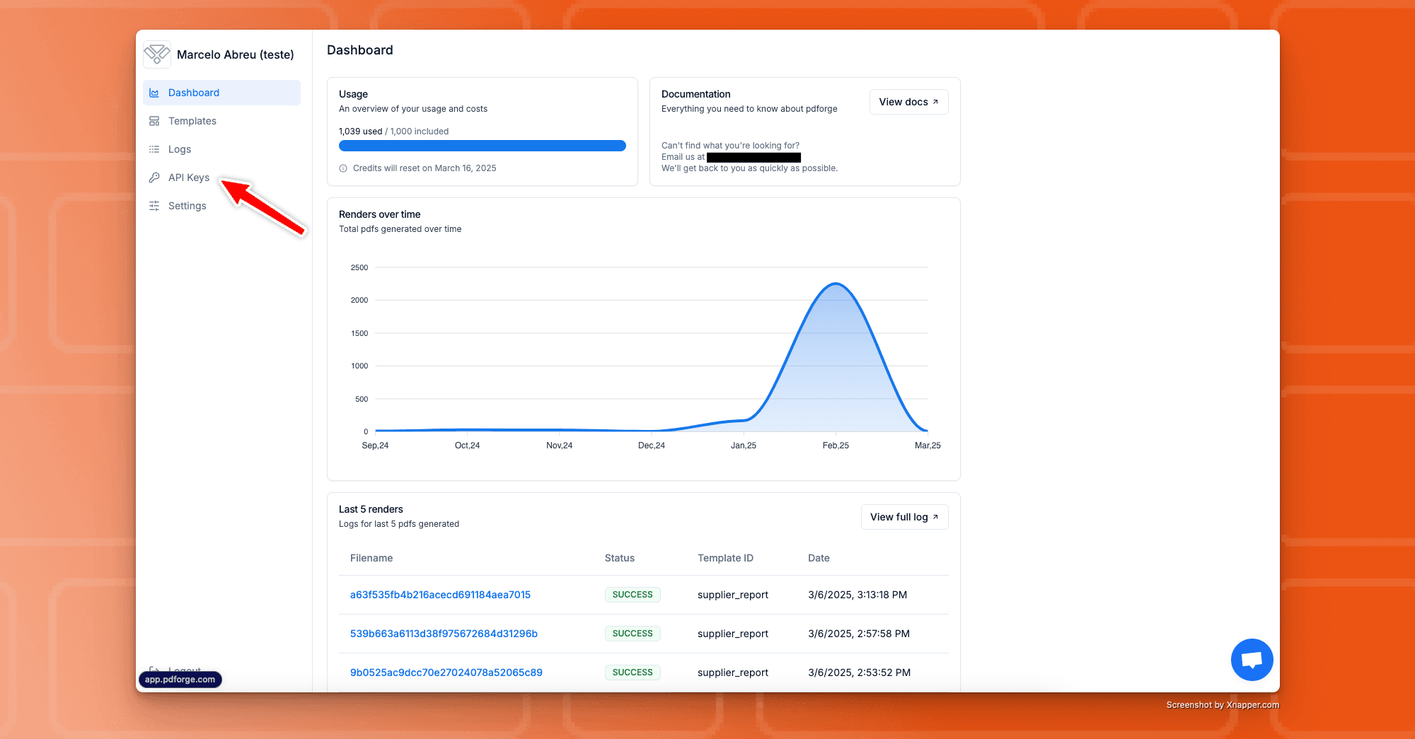 API Key location inside pdforge's dashboard