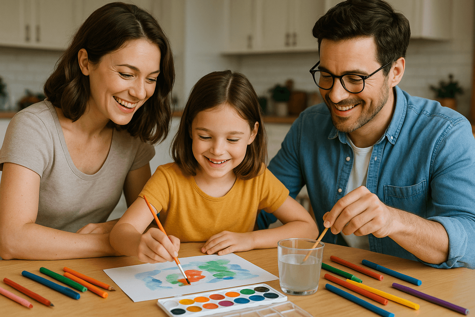  A warm family scene showing parents and child working together on an art project, everyone engaged and smiling