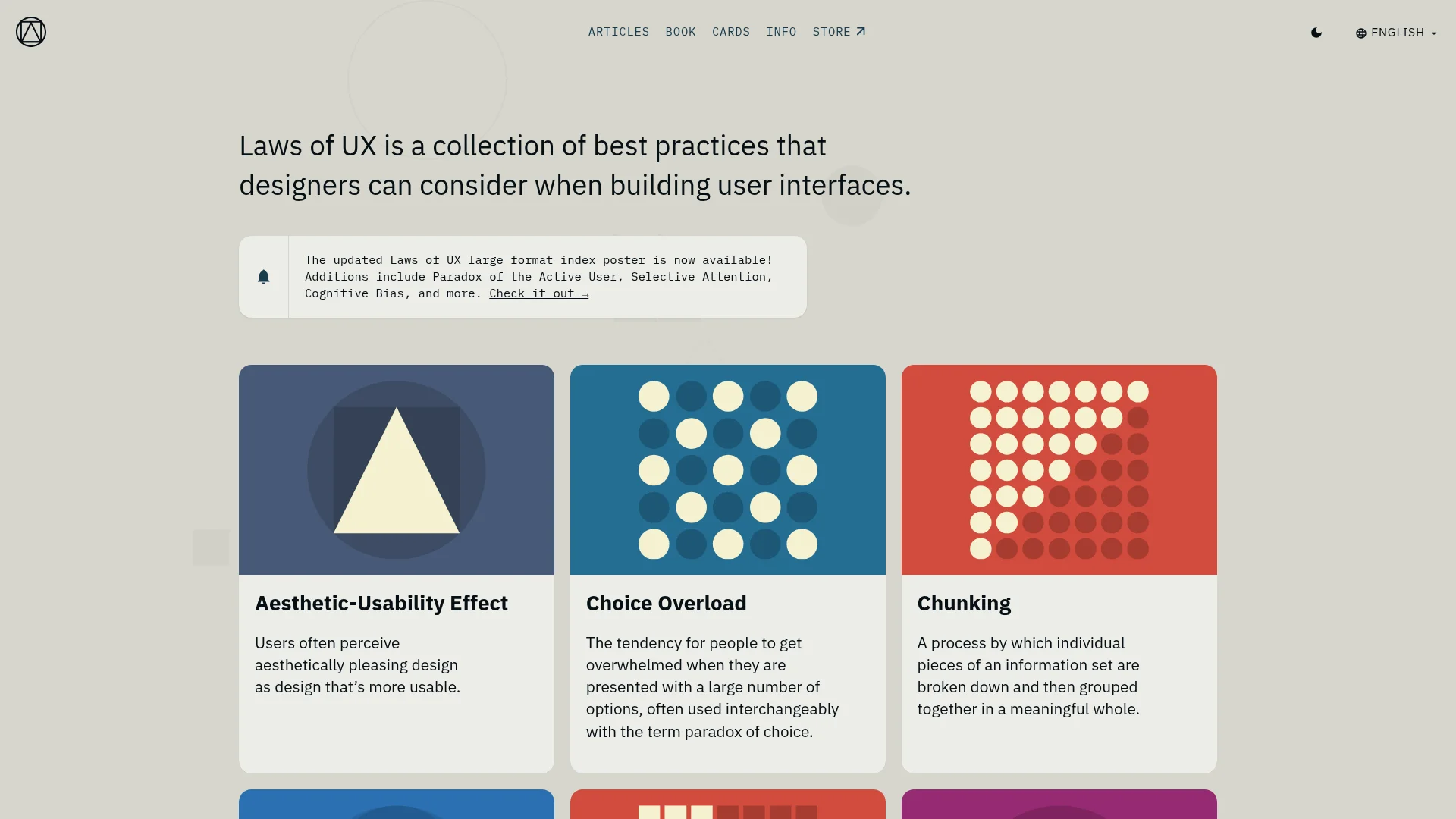 Laws of UX homepage showing design principles like Aesthetic-Usability Effect and Choice Overload for app design