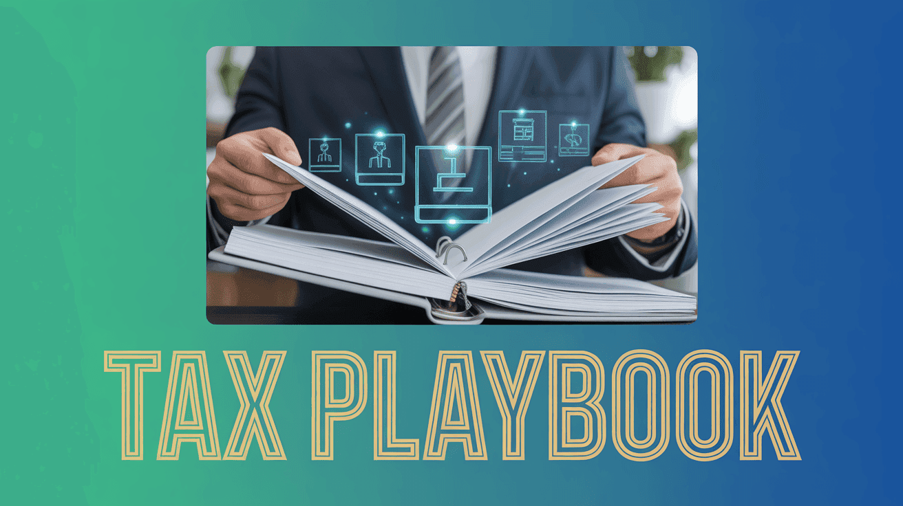 Tax Optimization Playbook Thumbnail Template featuring tax strategist flipping through binder with holographic tax bracket and entity icons