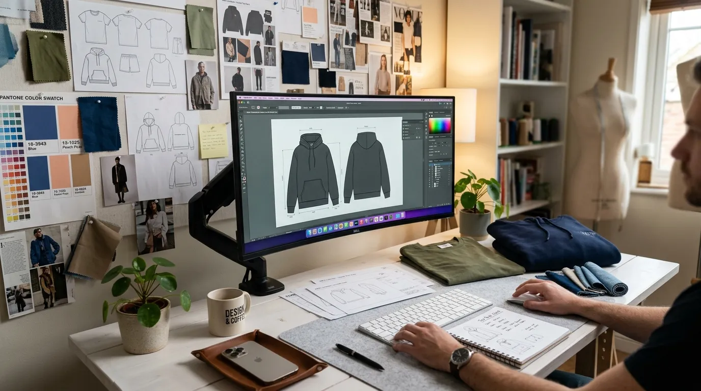 A designer or entrepreneur working on his white desk with a carved monitor mounted on a monitor arm. On the background of the monitor in the wall it's full of flat sketches and fashion inspiration boards and Pantone colour swatch. On the carved monitor in the desk where the illustrator app is open in Mac operating system environment. In the desk  there are few documents and few T-shirt, hoodie and denim samples swatches are there with the keyboard and a mouse. You can also see a an iPhone  face down with other items like a coffee mag and 2 desk plants on both side of the desk. 