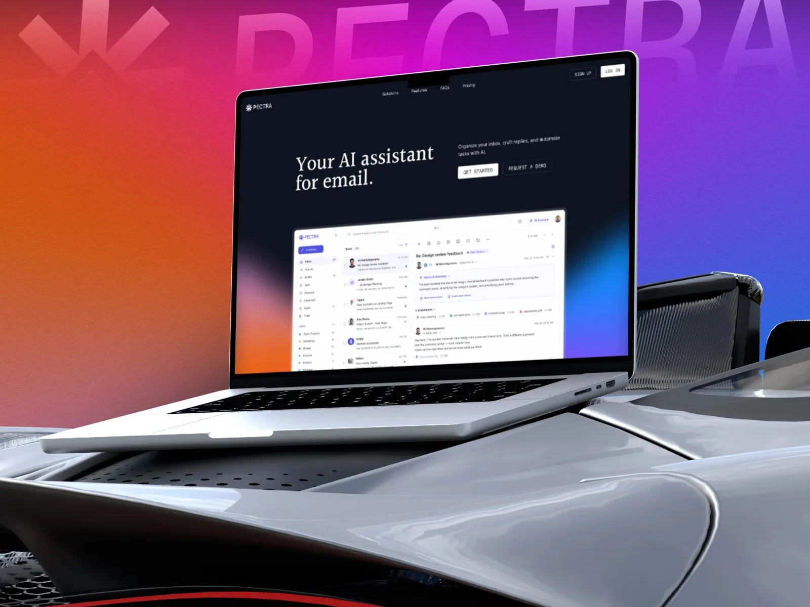 Laptop displaying an AI assistant program, set against a vibrant gradient background.