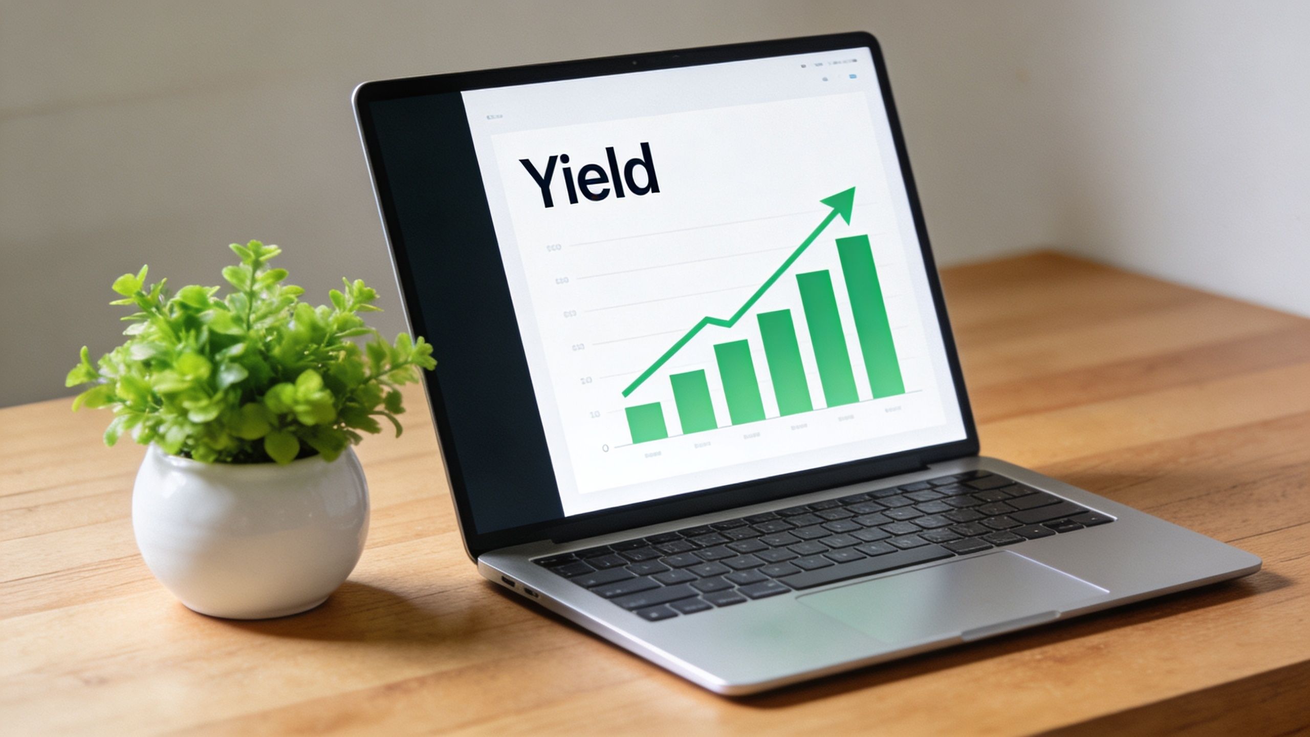 A silver laptop sitting on a wooden desk next to a small potted plant displaying a yield graph.