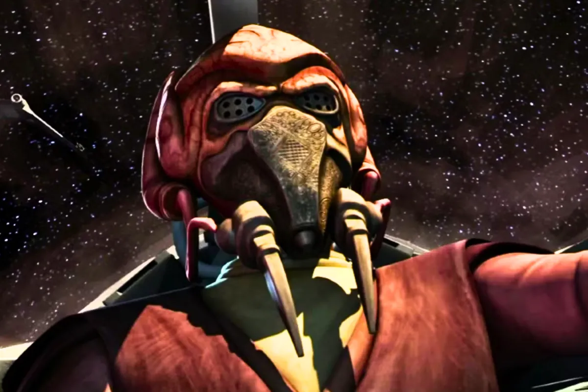 Jedi Master Plo Koon piloting his starfighter in space, wearing his signature breathing mask and goggles. His intricate Kel Dor facial features are highlighted by the lighting, while the vast starry expanse serves as a backdrop. His focused expression reflects his strategic mindset and battle awareness.