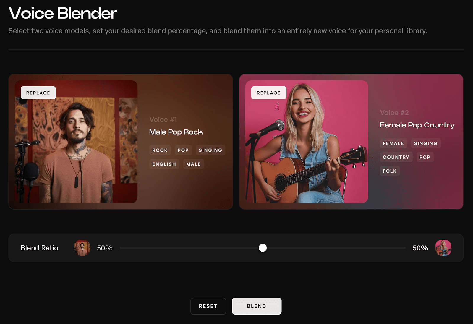 A voice blender tool with the Male Pop Rock voice and Female Pop Country voice