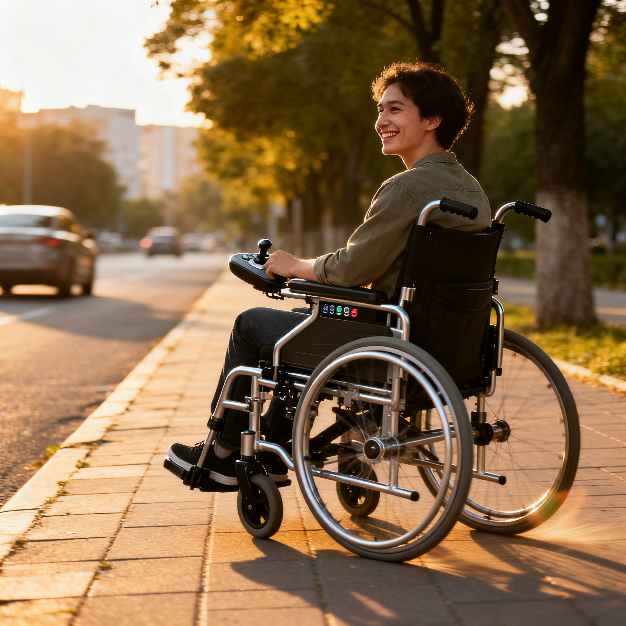 Smiling man using a powerwheelchair on a tree-lined sidewalk at sunset
