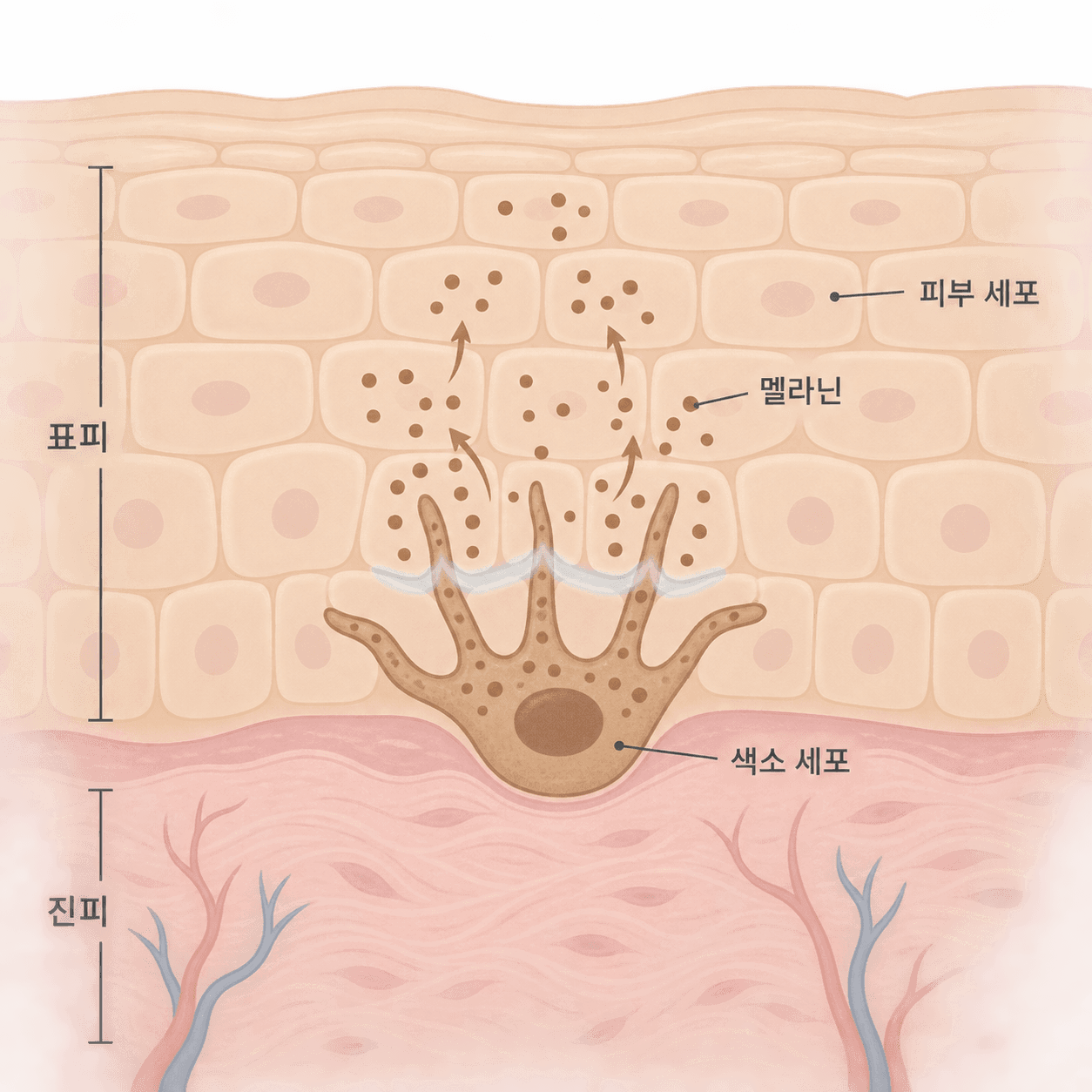 나이아신아마이드는 색소 세포가 만든 멜라닌이 위쪽 피부 세포로 옮겨 가는 단계에 작용해요