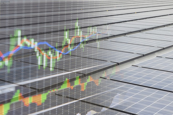 Ein Diagramm mit schwankenden Finanzdaten, dargestellt durch verschiedene farbige Linien und Balken auf grauem Rasterhintergrund.