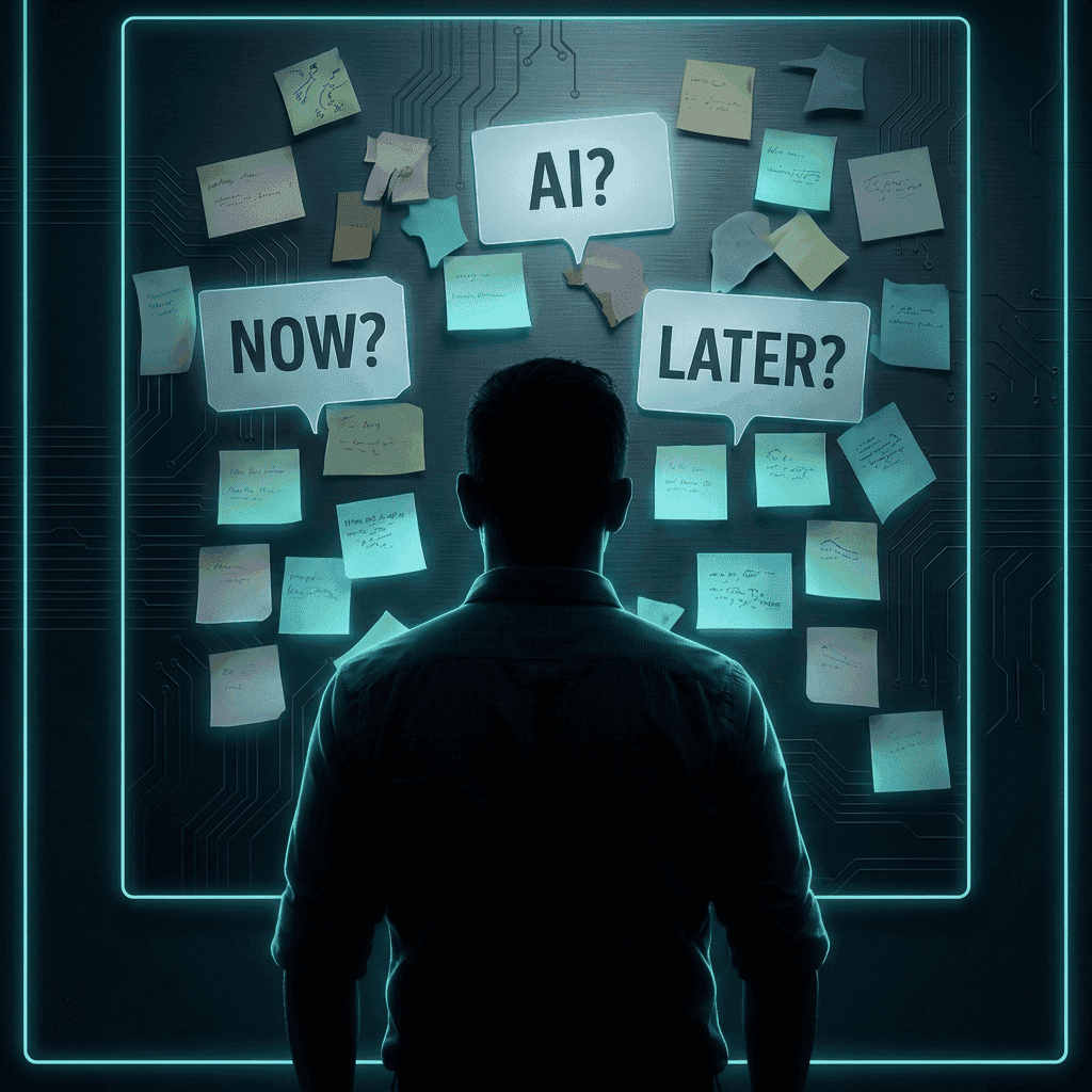 Silhouette of a person facing a glowing board filled with sticky notes labeled ‘AI?’, ‘Now?’, and ‘Later?’, representing decision-making about when to adopt AI.