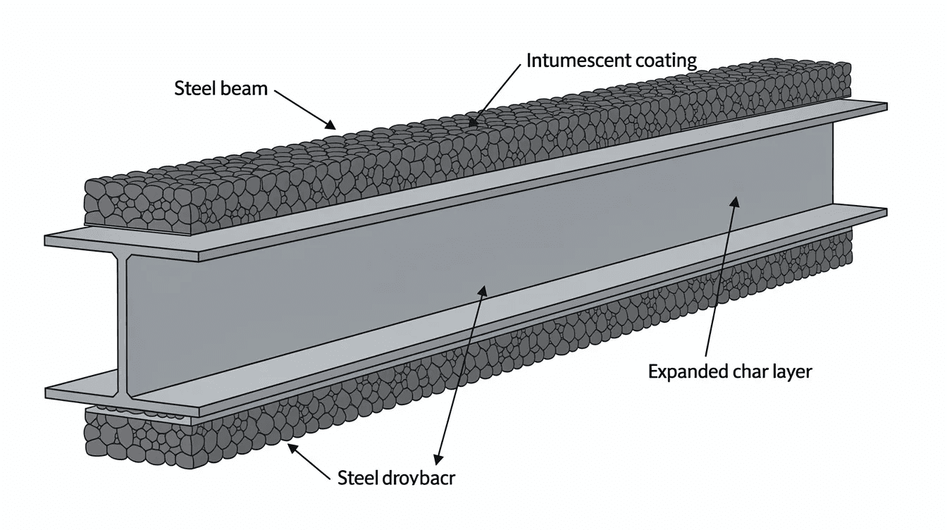 The image depicts a cross-section diagram illustrating an expanded intumescent char layer that provides passive fire protection for a structural steel beam. This insulating layer, formed by intumescent coatings, significantly enhances the fire rating and structural integrity of the steel element during a fire event.