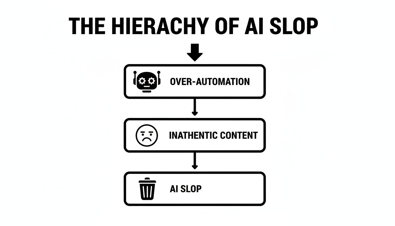A hierarchy diagram showing over-automation leading to inauthentic content, resulting in AI slop.
