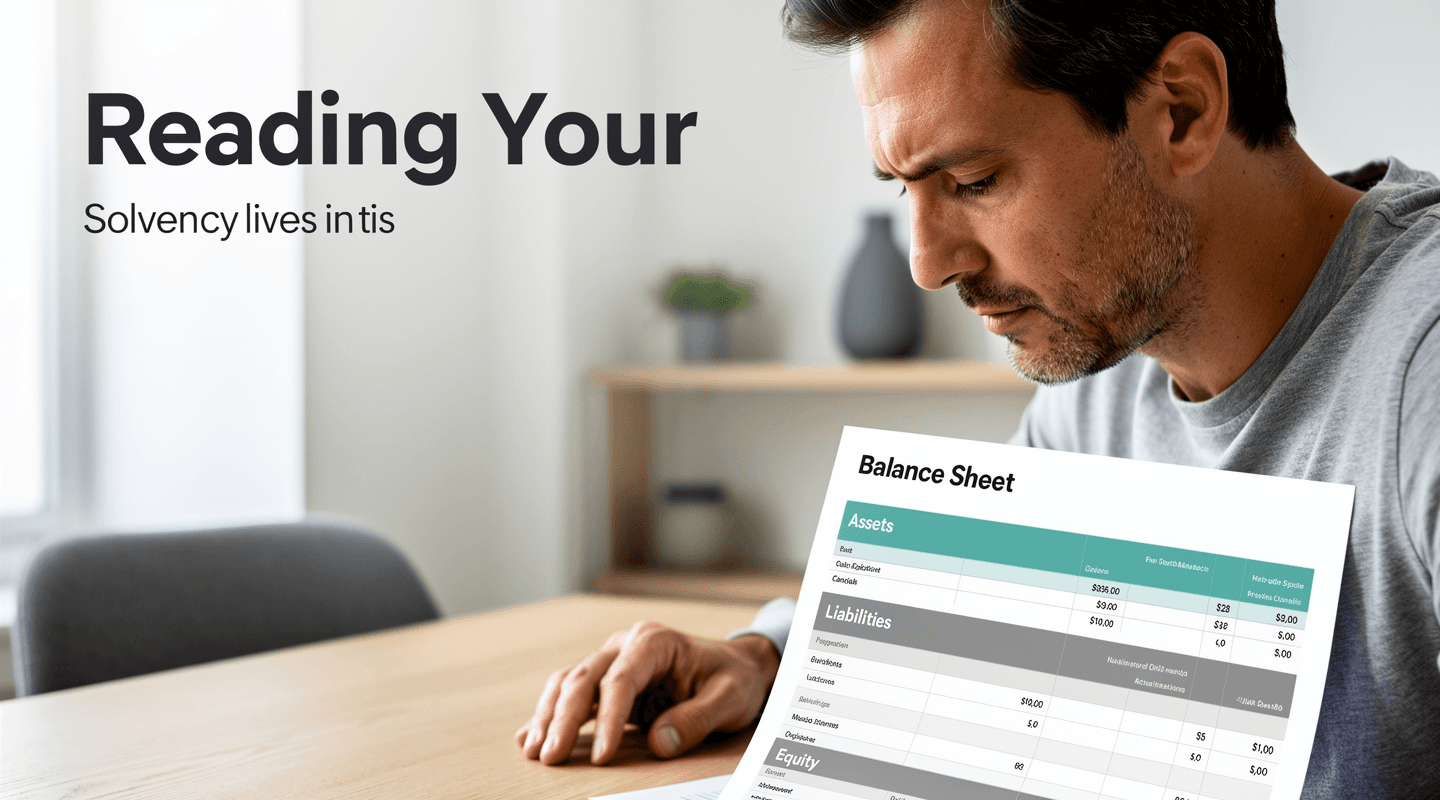 A business owner reviewing a printed balance sheet with the three sections (assets, liabilities, equity) clearly delineated