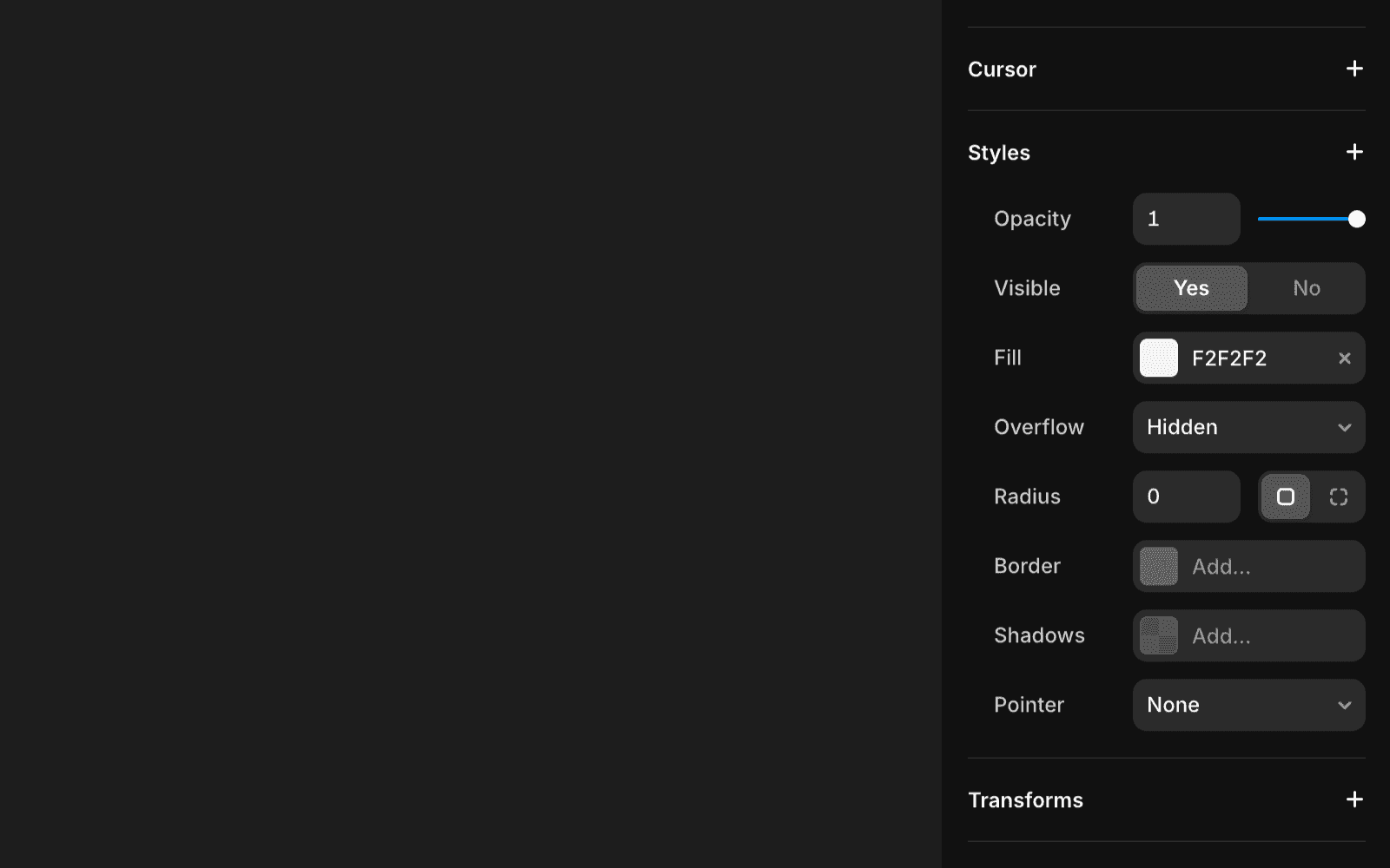 Framer 属性面板的截图，显示样式设置。指针属性位于面板底部，下拉菜单中选择了“无”。其上方还有其他样式属性，包括不透明度、可见性（设为“是”）、填充（设为“F2F2F2”）、溢出（设为“隐藏”）、圆角、边框和阴影。面板采用深色主题界面，文字为白色和灰色。