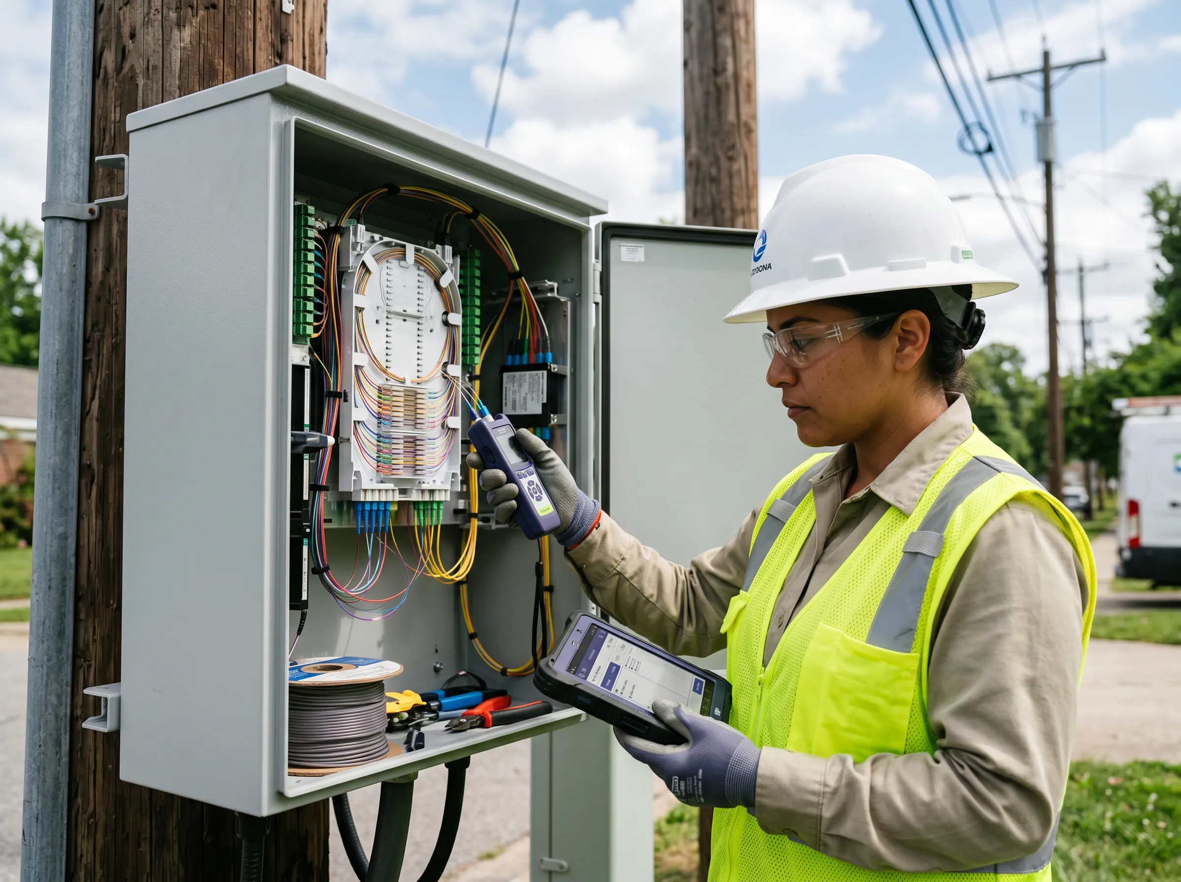 A worker in a hard hat and reflective vest checks a smartphone and tablet near solar panels in a field.
