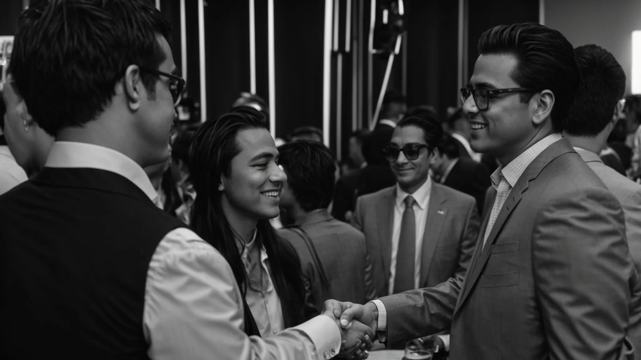 a producer shaking hands with a film executive at a bustling industry mixer.