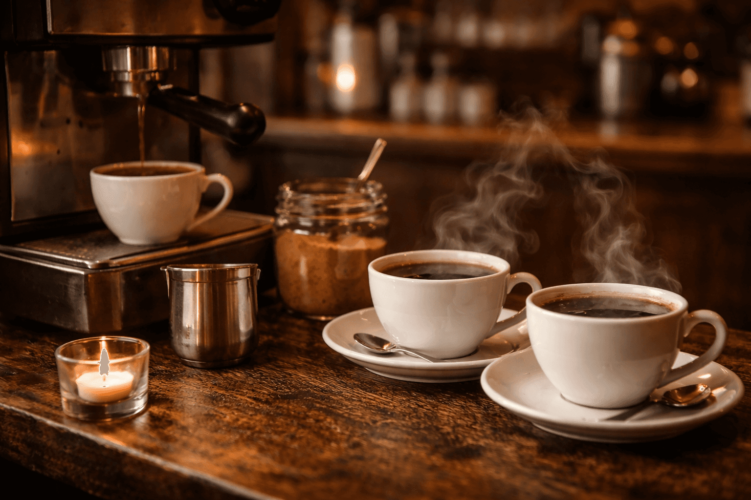 Espresso being prepared at a coffee machine with cups and steam visible on the counter.