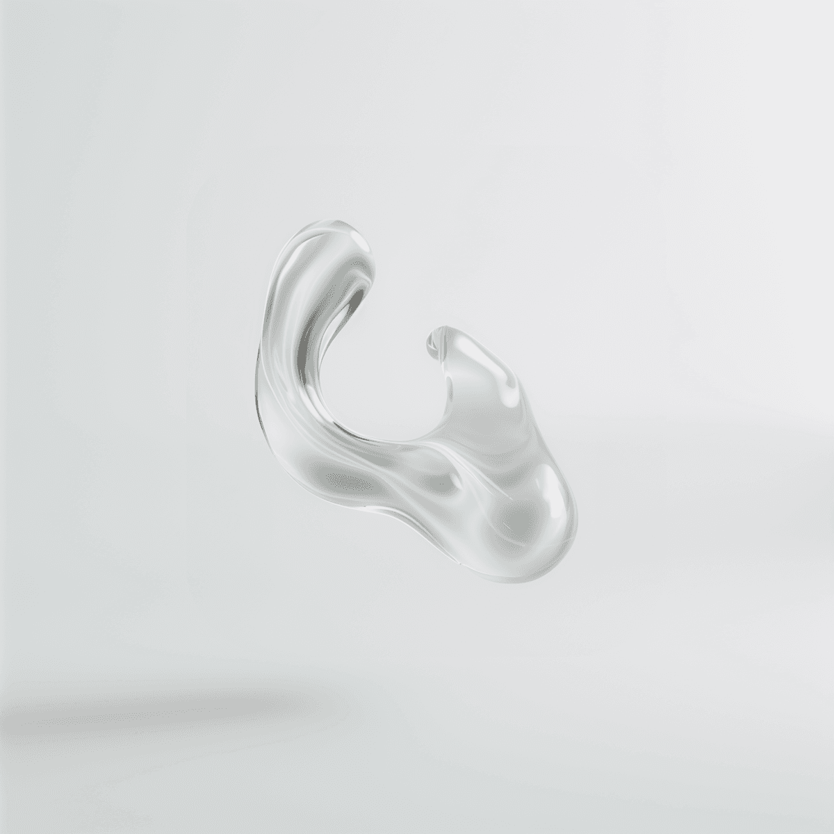 3D render of an abstract translucent glass sculpture with smooth, flowing organic curves floating against a minimal light gray background. The form resembles a fluid, molten loop with soft reflections and refractions