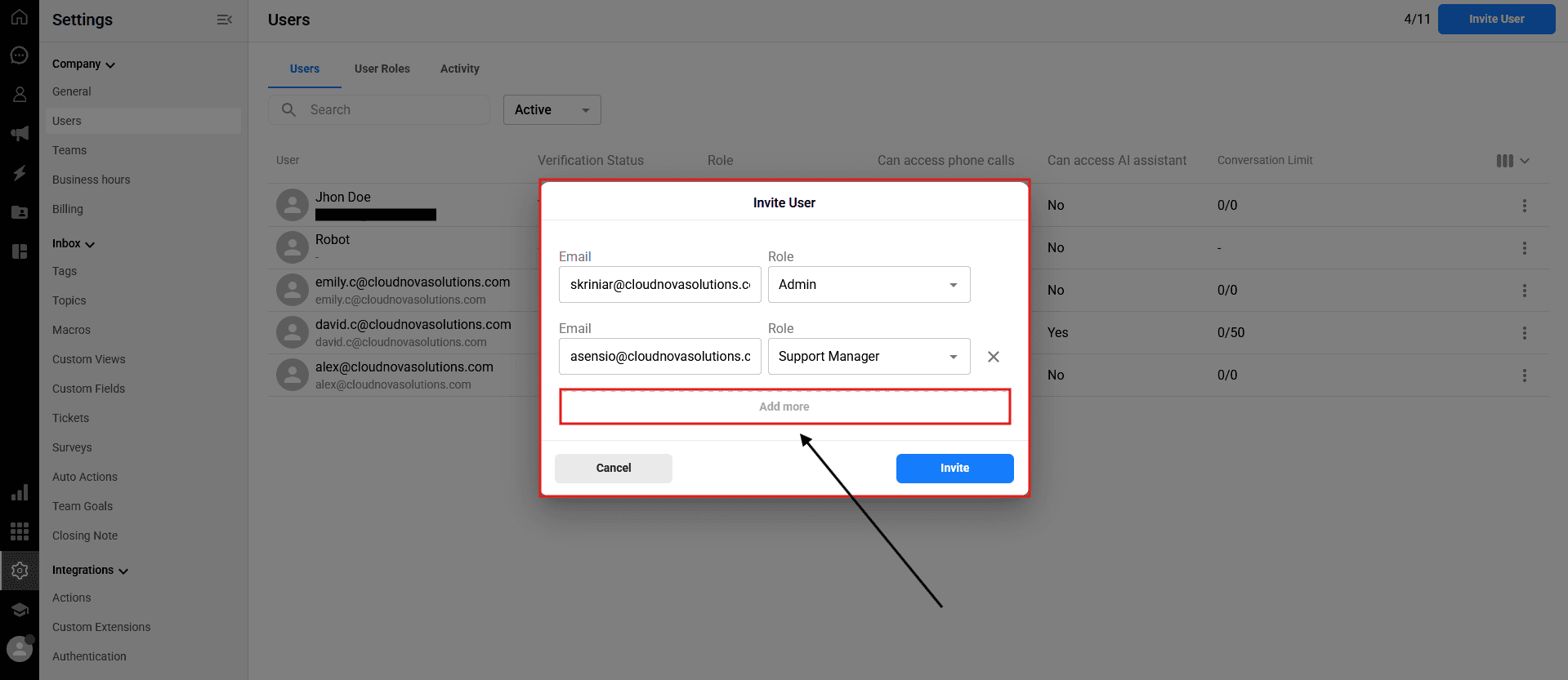 A new row will appear. Enter the email address and select the role for the next user