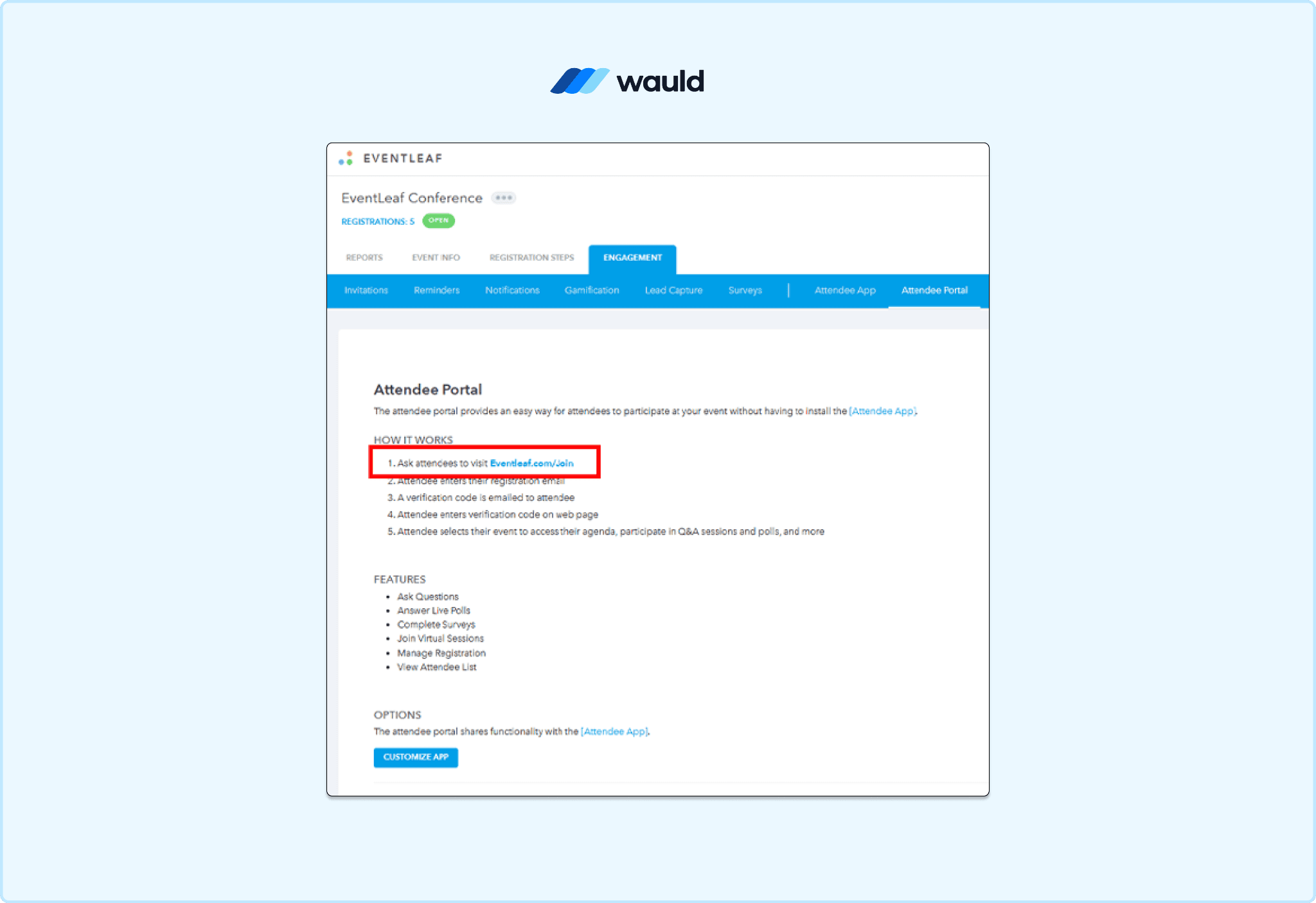 Eventleaf attendee portal page displaying participant access instructions and self-service event resources.
