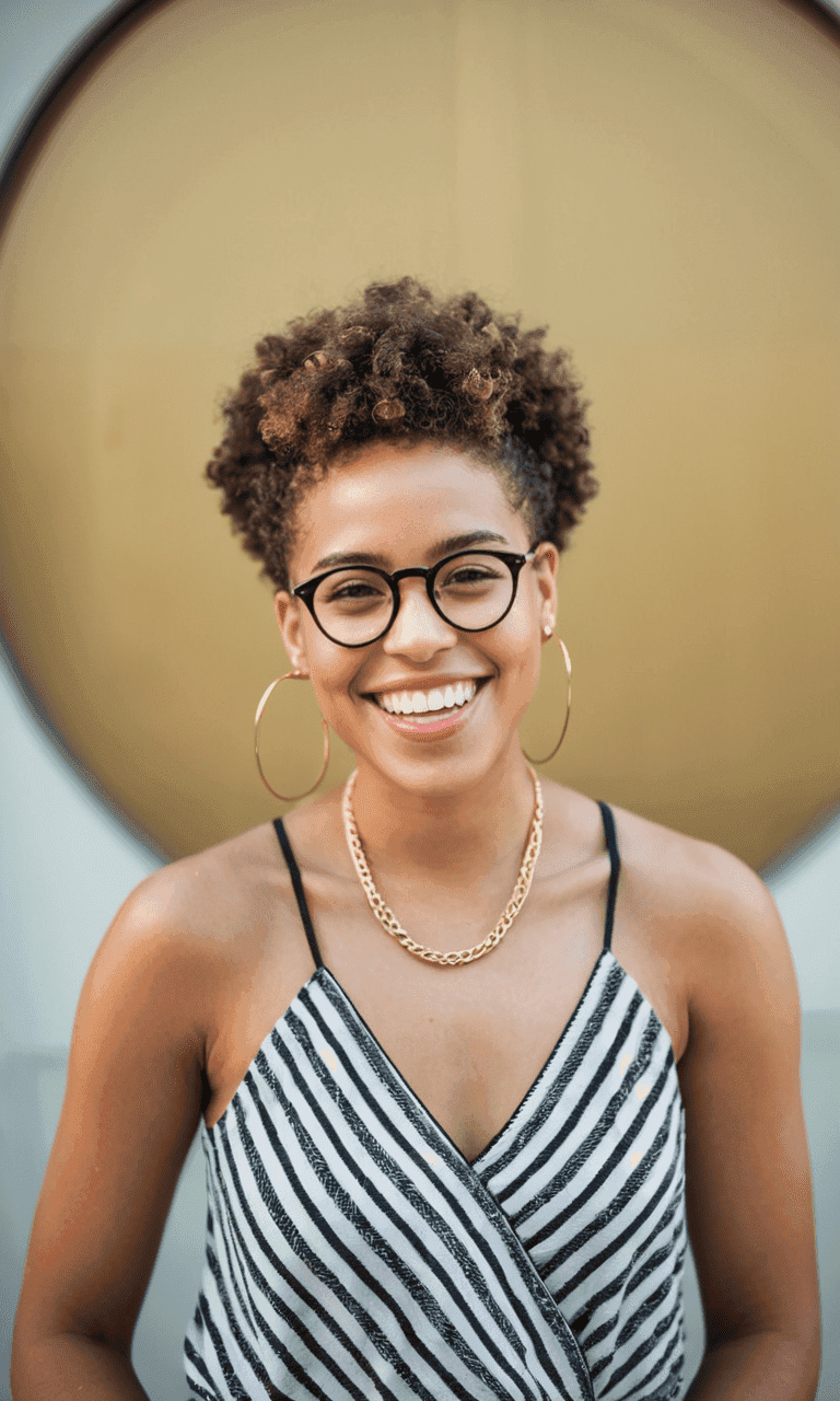 Jeune femme afro-caribéenne de Pointe-à-Pitre, Guadeloupe, souriante avec des cheveux naturels bouclés, lunettes rondes, haut à rayures, boucles d'oreilles et collier en or. Cliente satisfaite des services d'isolation de Full Rénov.