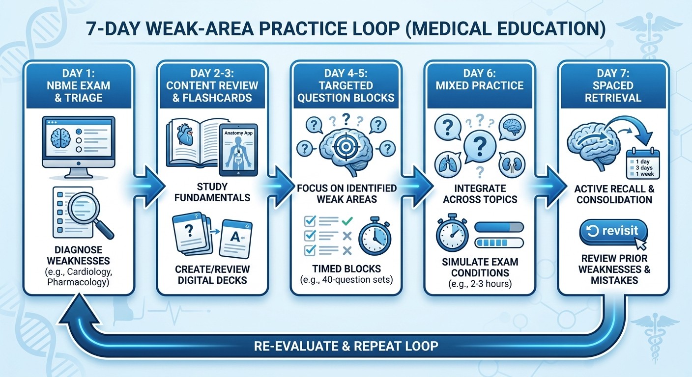 Daily practice workflow showing conversion of NBME wrong answers into targeted weak-area study sessions