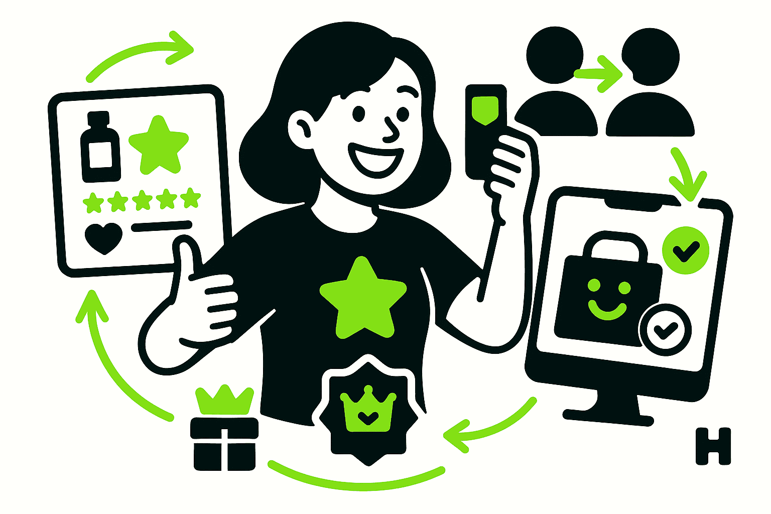 Smiling shopper creating UGC in e-commerce through reviews and referrals that build loyalty