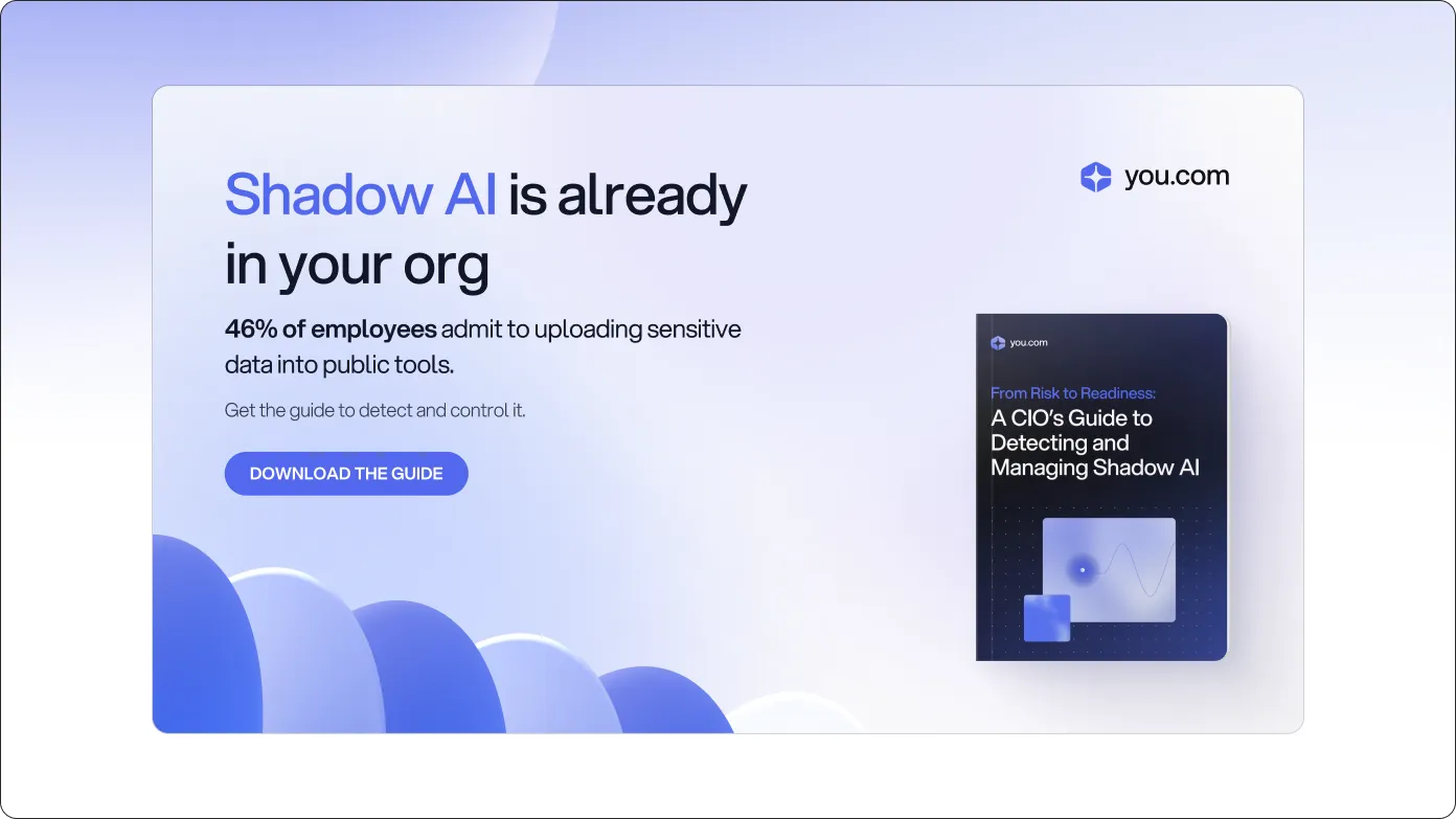 You.com guide download campaign featuring Shadow AI awareness, governance strategies, and risk management.