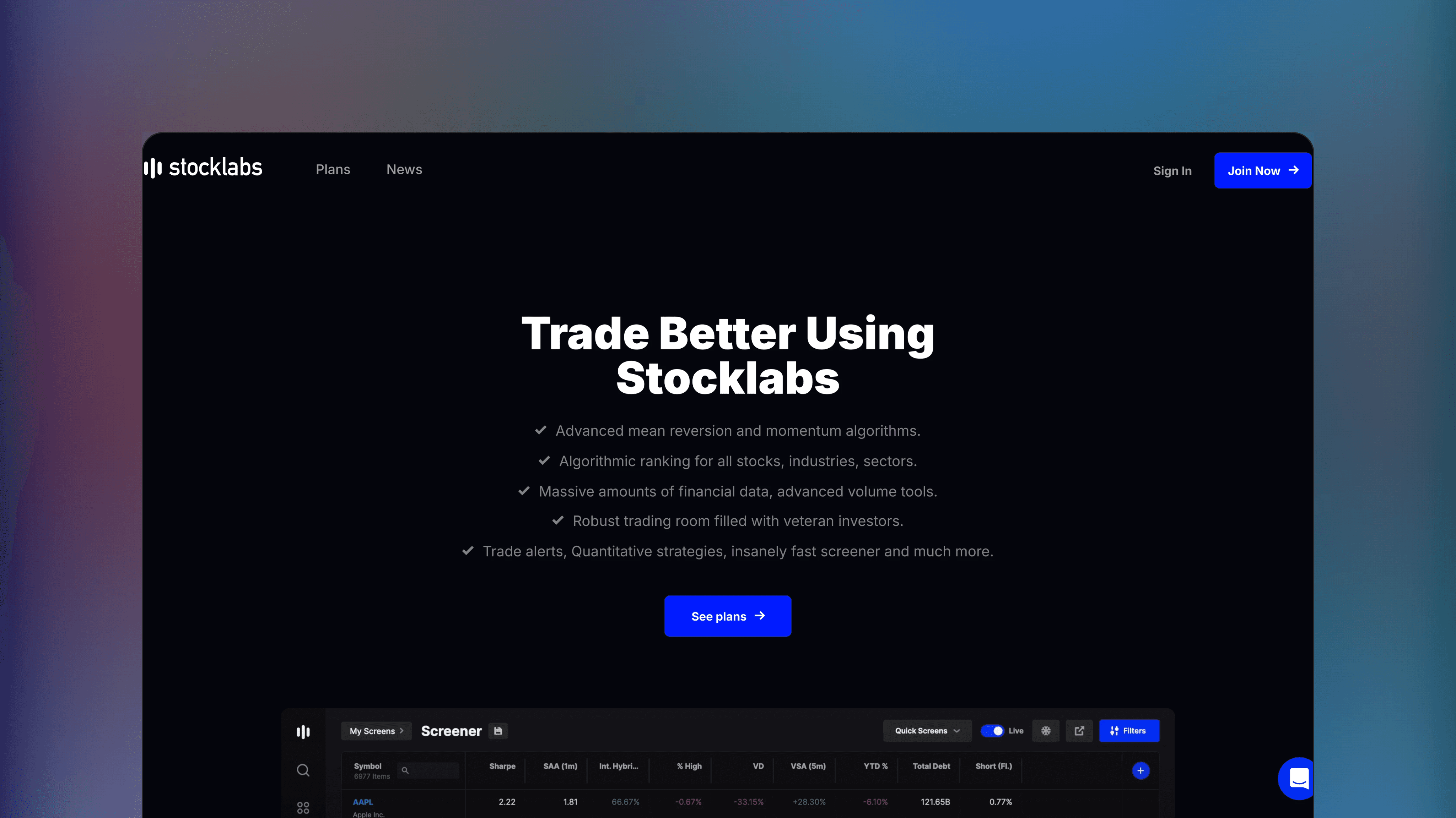 Website preview of Stocklabs, trade analytics screener platform featuring a dashboard of market signals and indicators.
