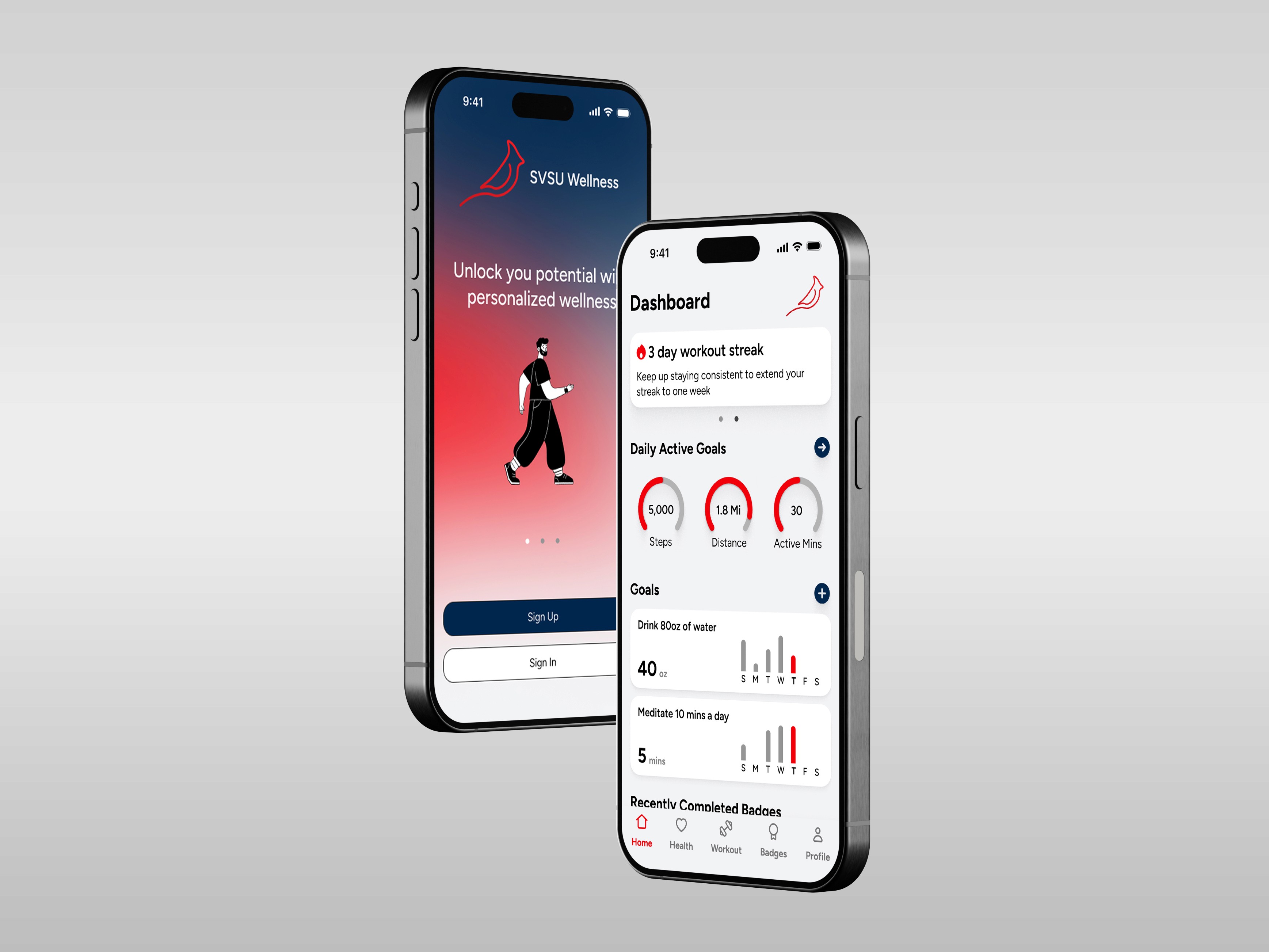 Image of 2 floating showing showcasing 2 different screens of the SVSU Wellness app